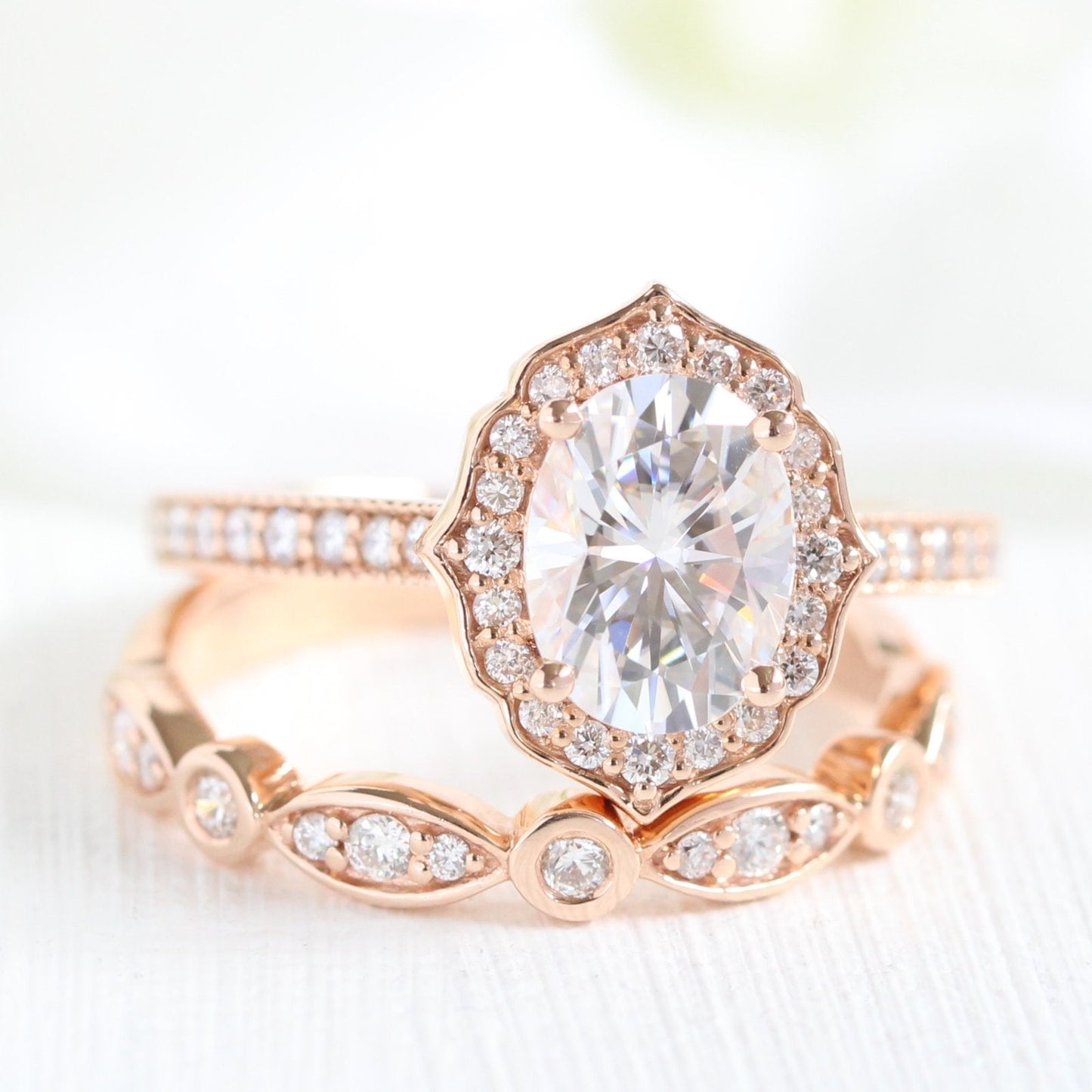 Oval Cut Floral Moissanite Ring With Bezel Diamond Band Ring