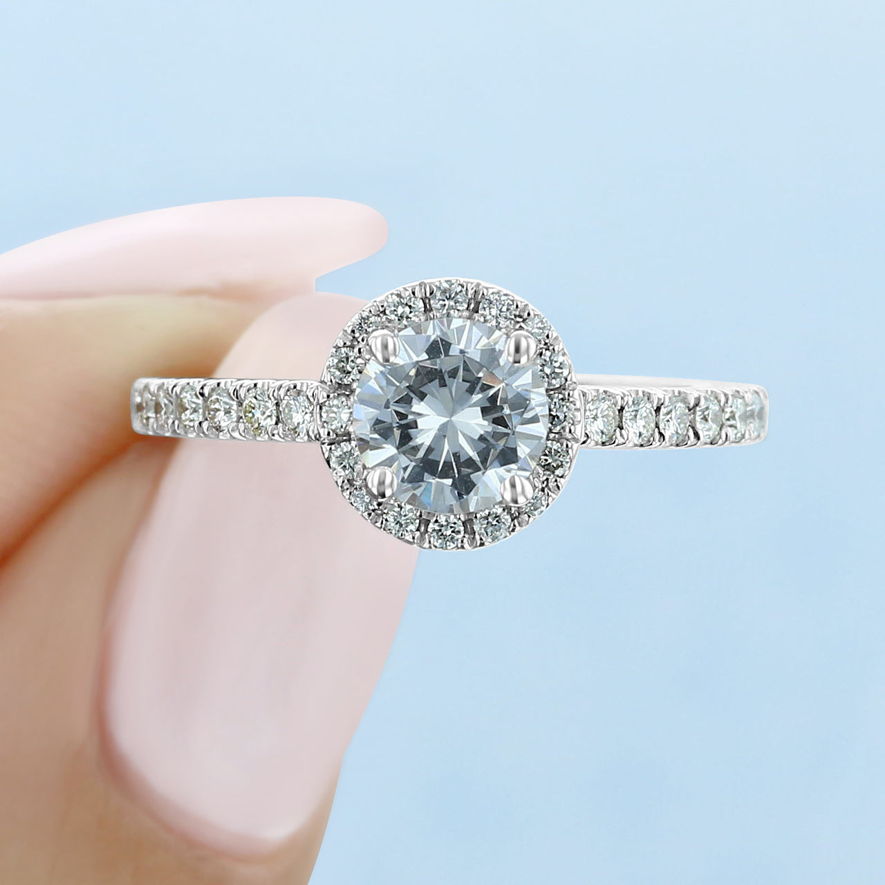 1.0 ct Round cut Halo micro prong Moissanite solitaire Engagement Ring