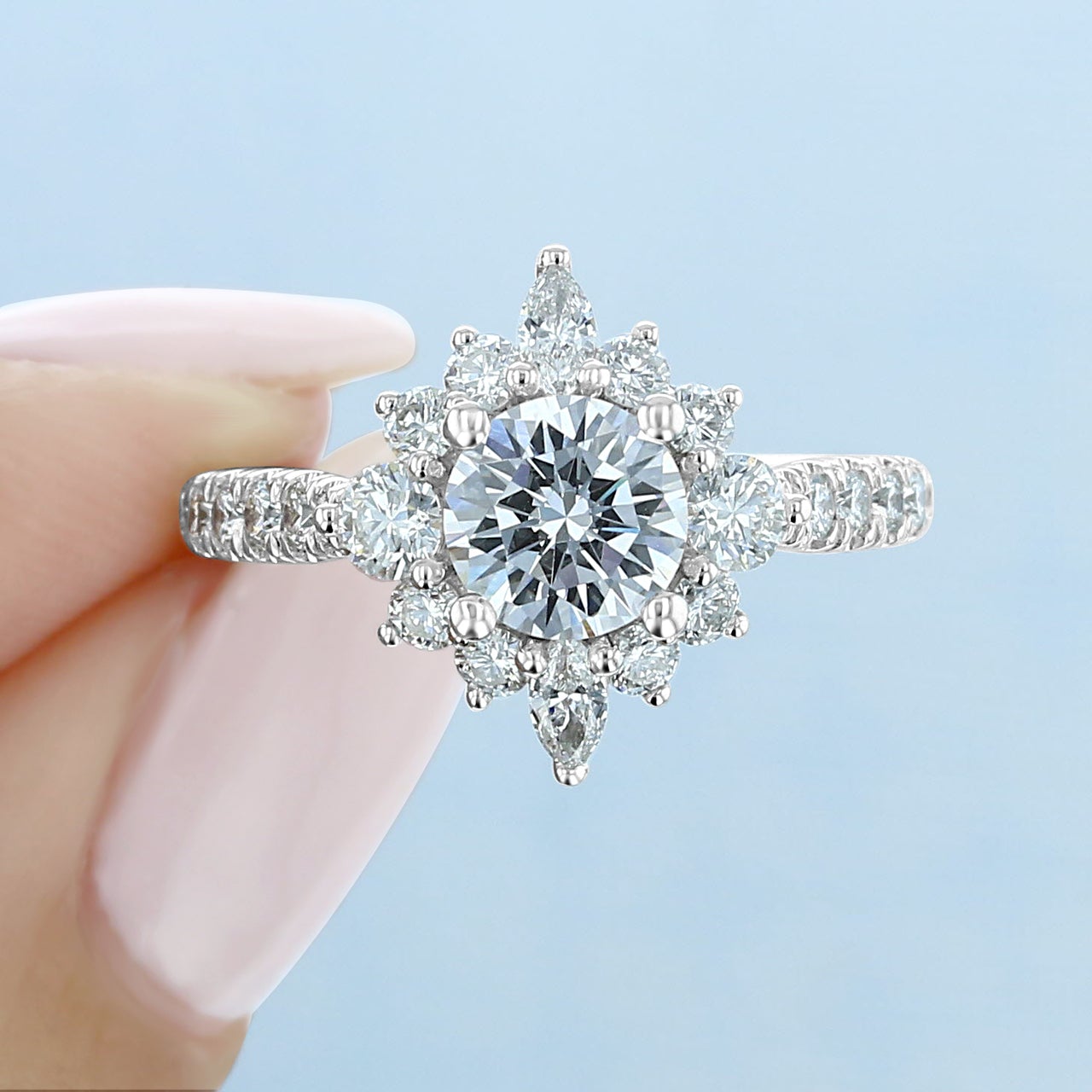 1.0ct Round Cut Gabriel Halo Moissanite Solitaire Engagement Ring