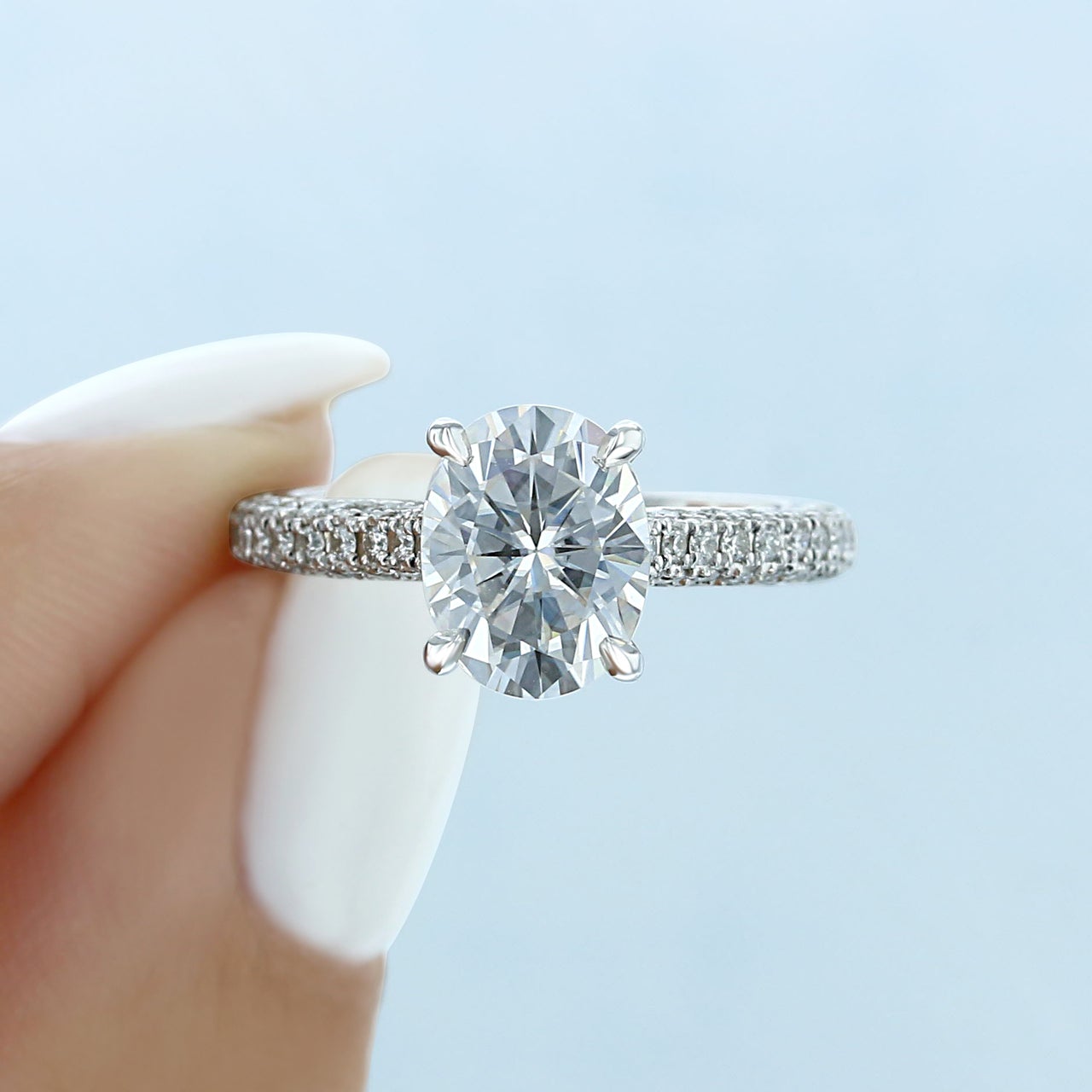 1.93ct Oval Cut Hidden Halo 4 Prong Moissanite Engagement Ring