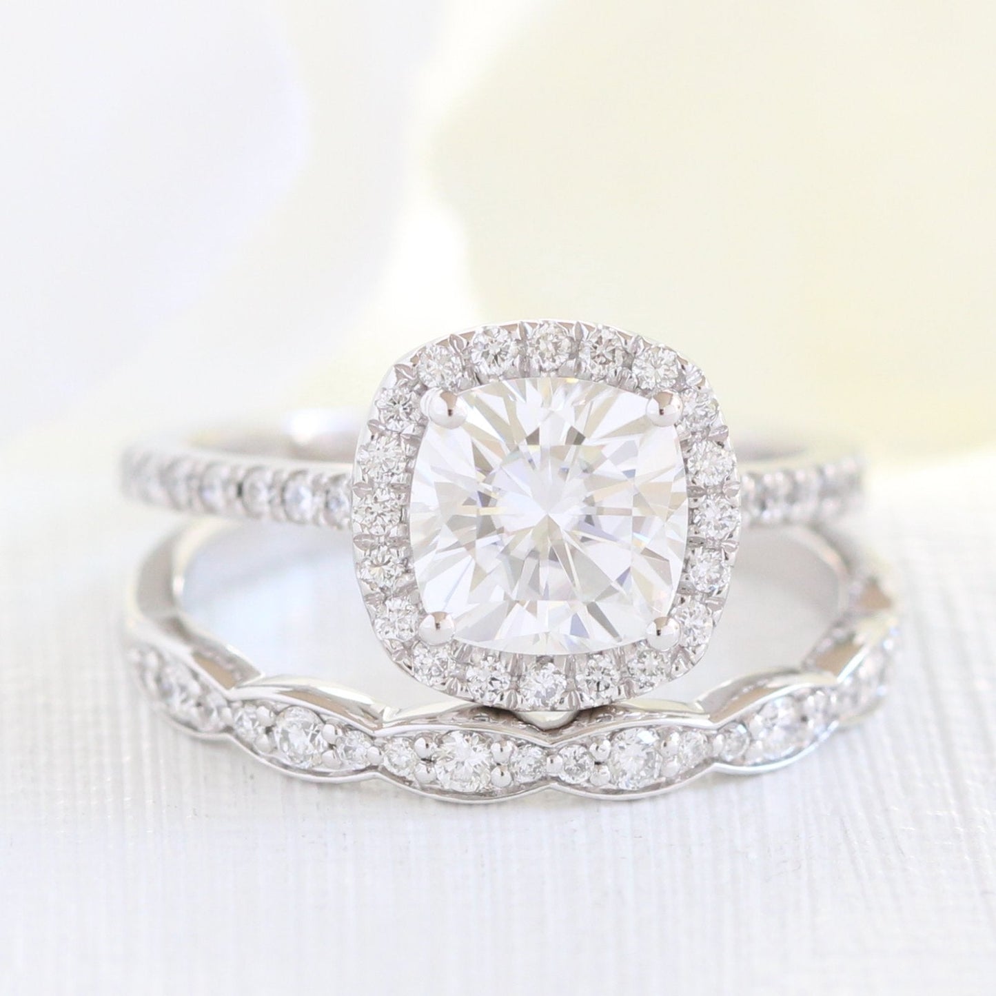 Cushion Cut Halo Pave Ring With Scalloped Diamond Band