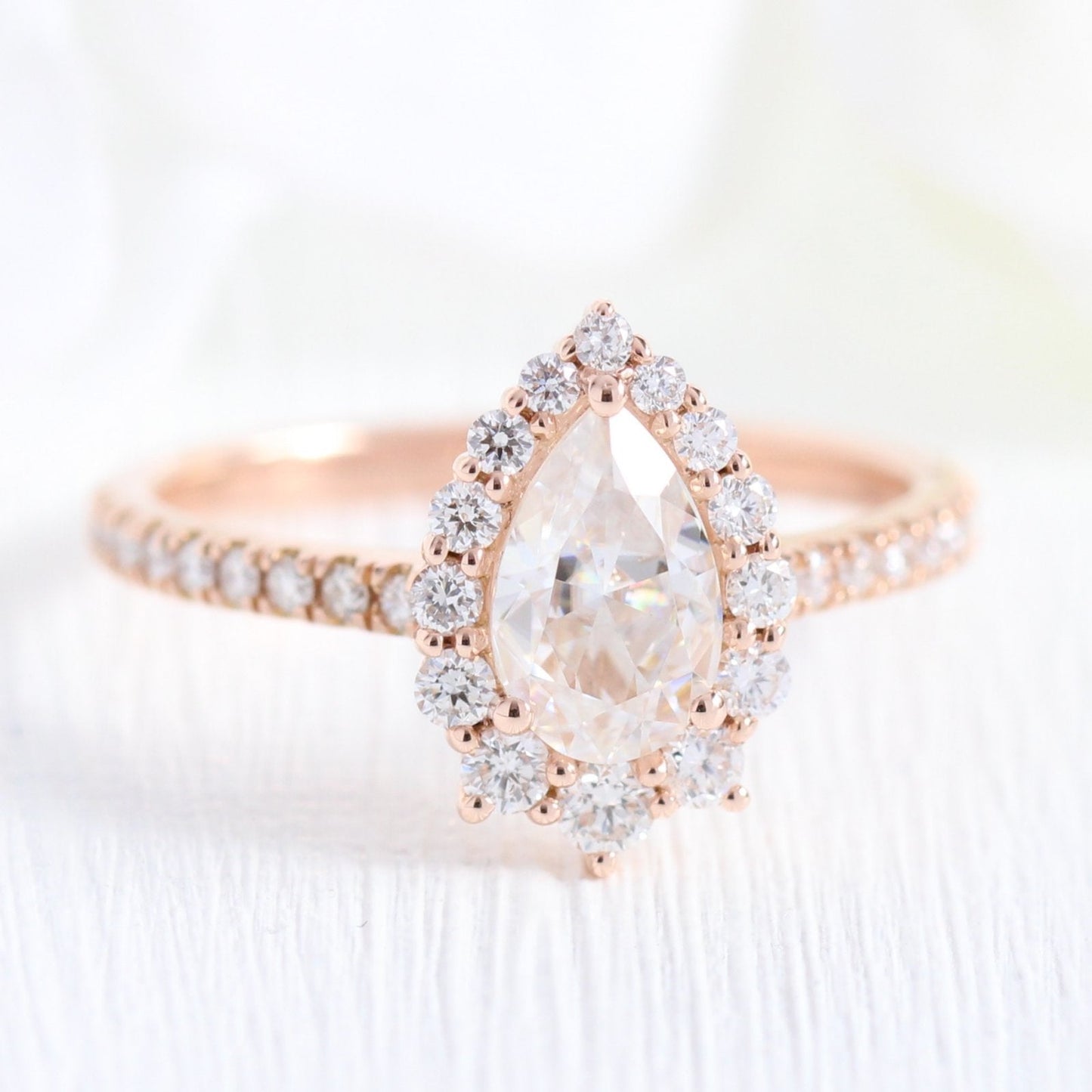 Tiara Halo Pave Bridal Set With Pear Moissanite and Tiara Diamond Band