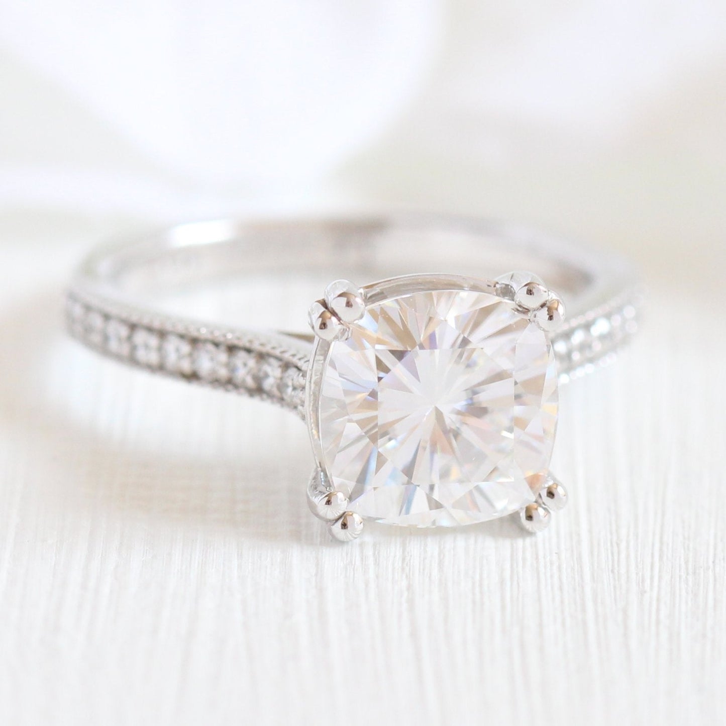 Solitaire Cushion Moissanite Ring With Milgrain Diamond Band