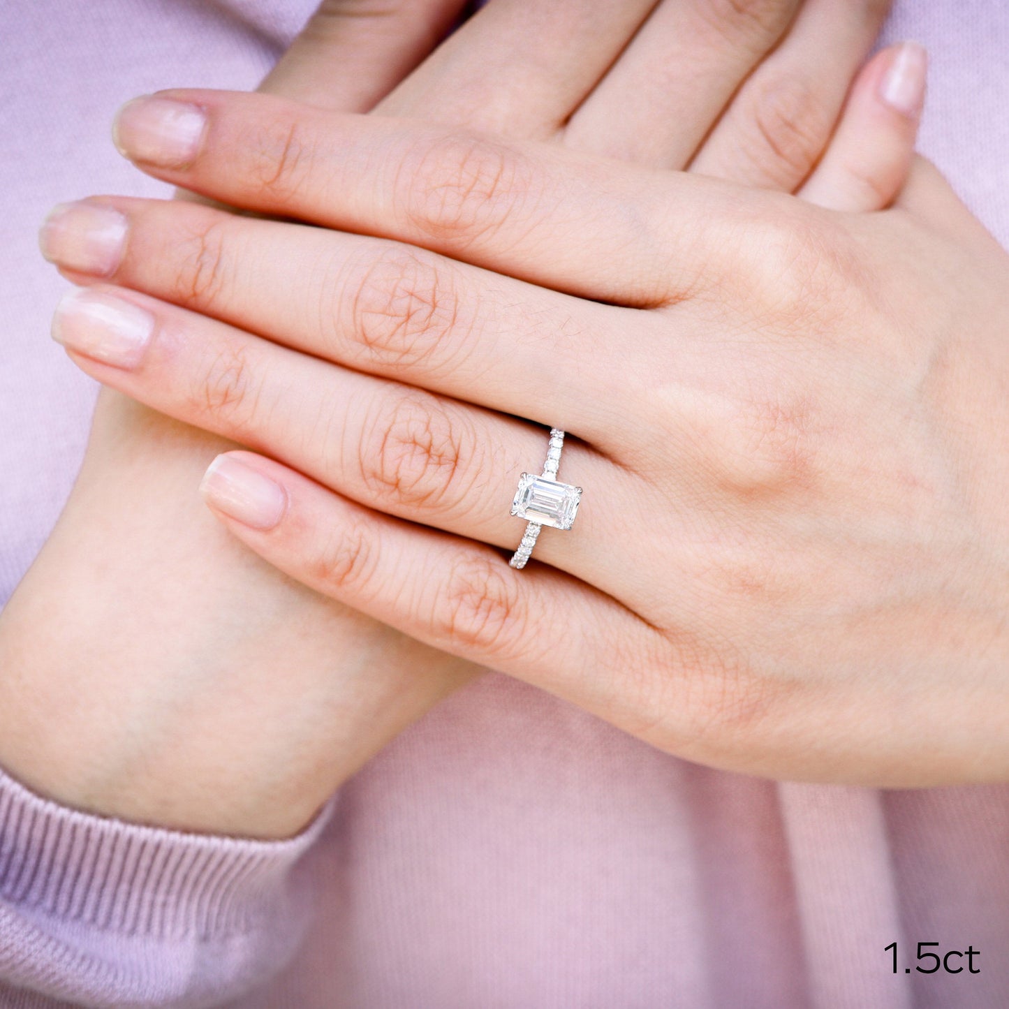 1.50CT Emerald Cut Moissanite Petite Pave Diamond Engagement Ring