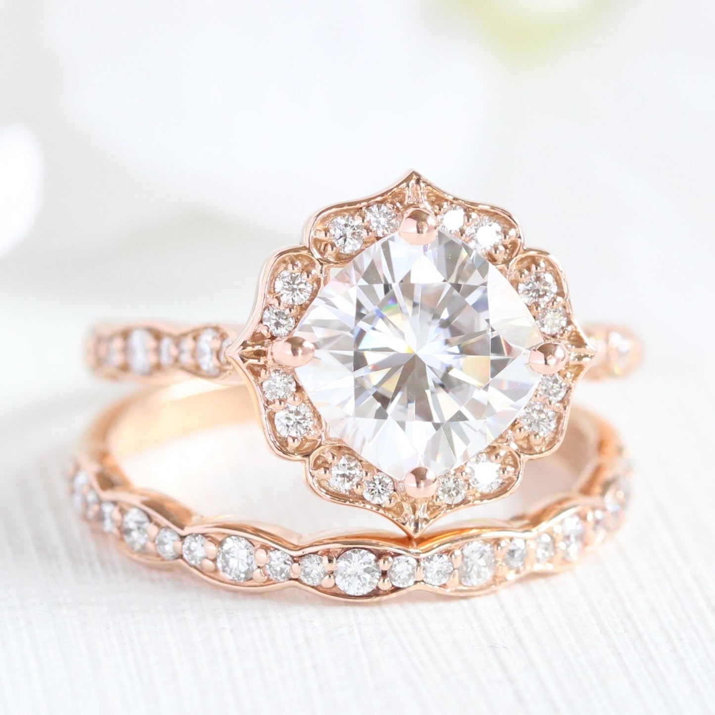 Cushion Cut Vintage Floral Moissanite Ring With Scalloped Diamond Band