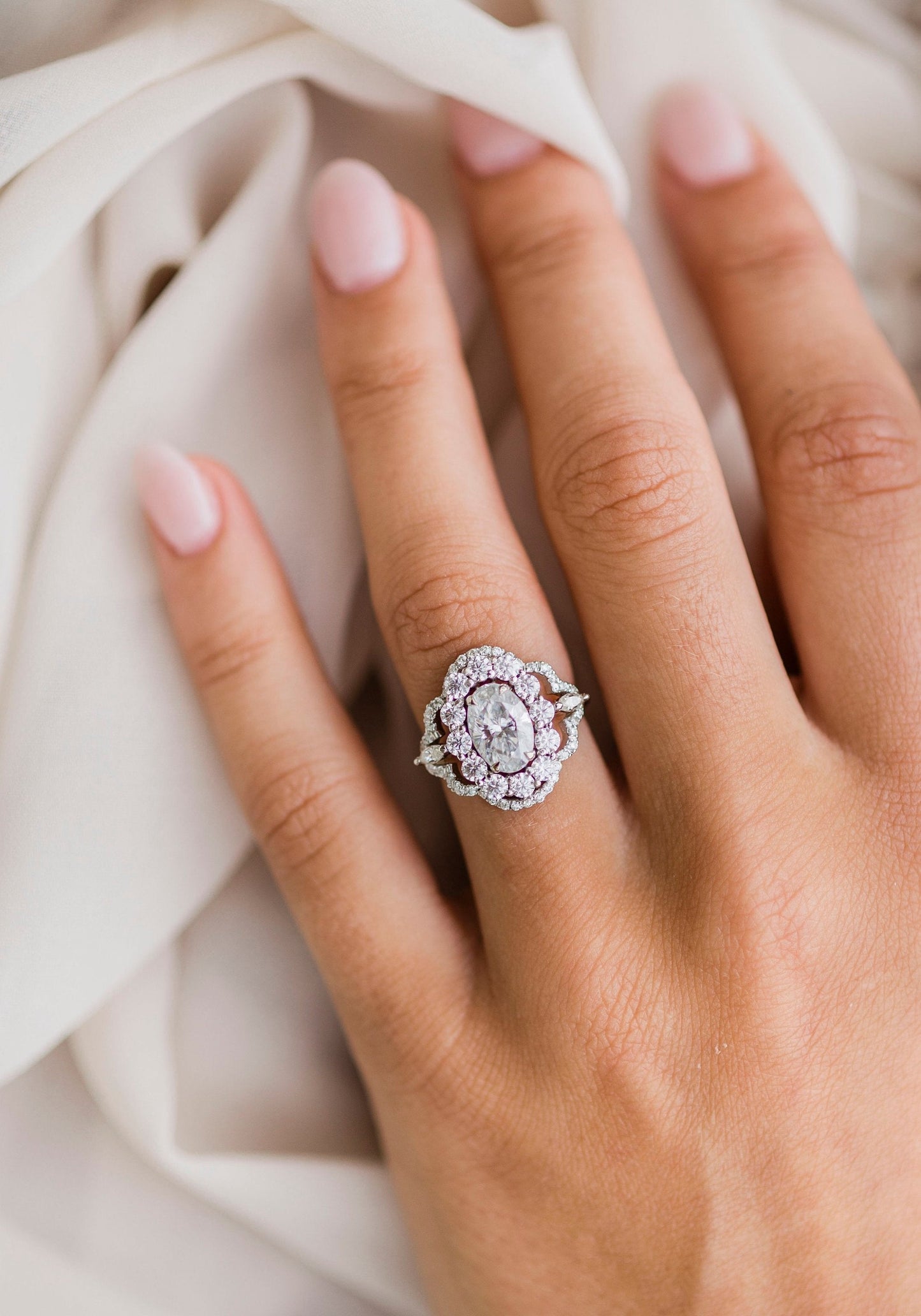 1.85 CT- 3.85 CT Oval Art Deco Halo Moissanite Engagement Ring