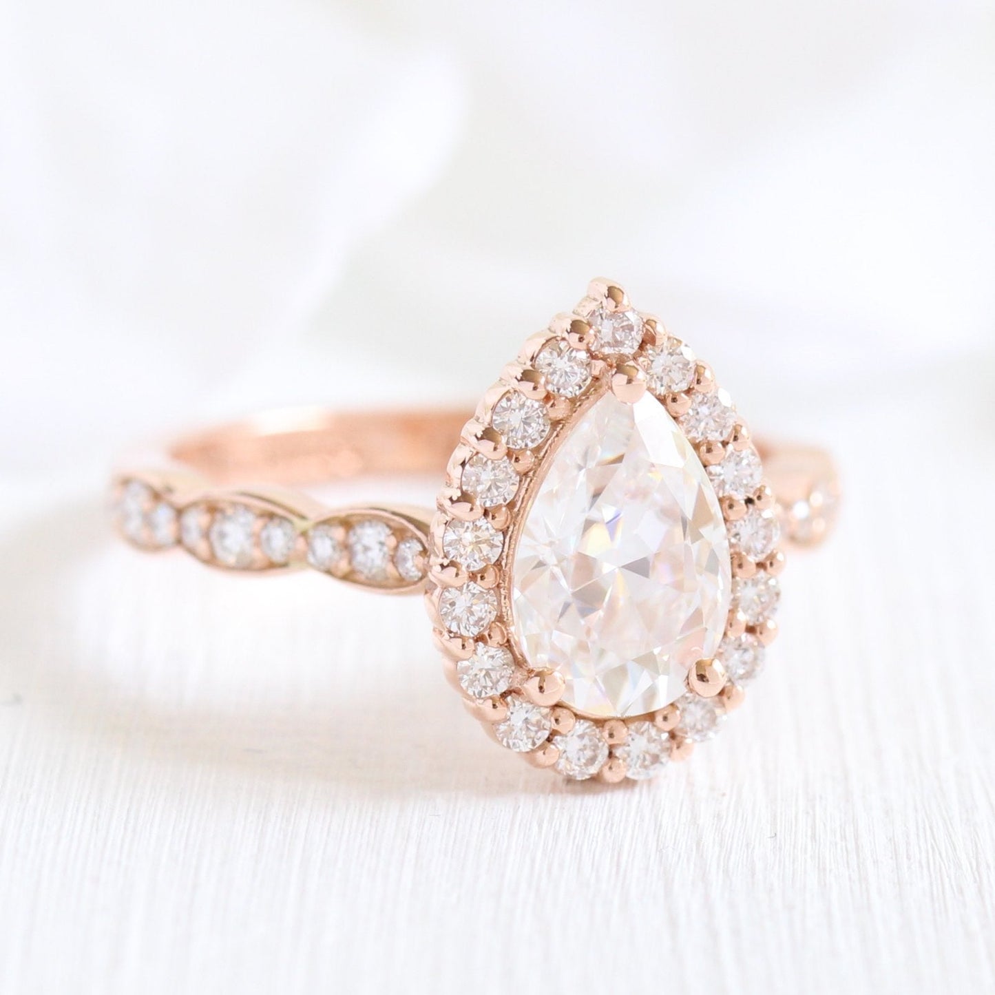Pear cut moissanite with halo bridal band set 14k in rose gold