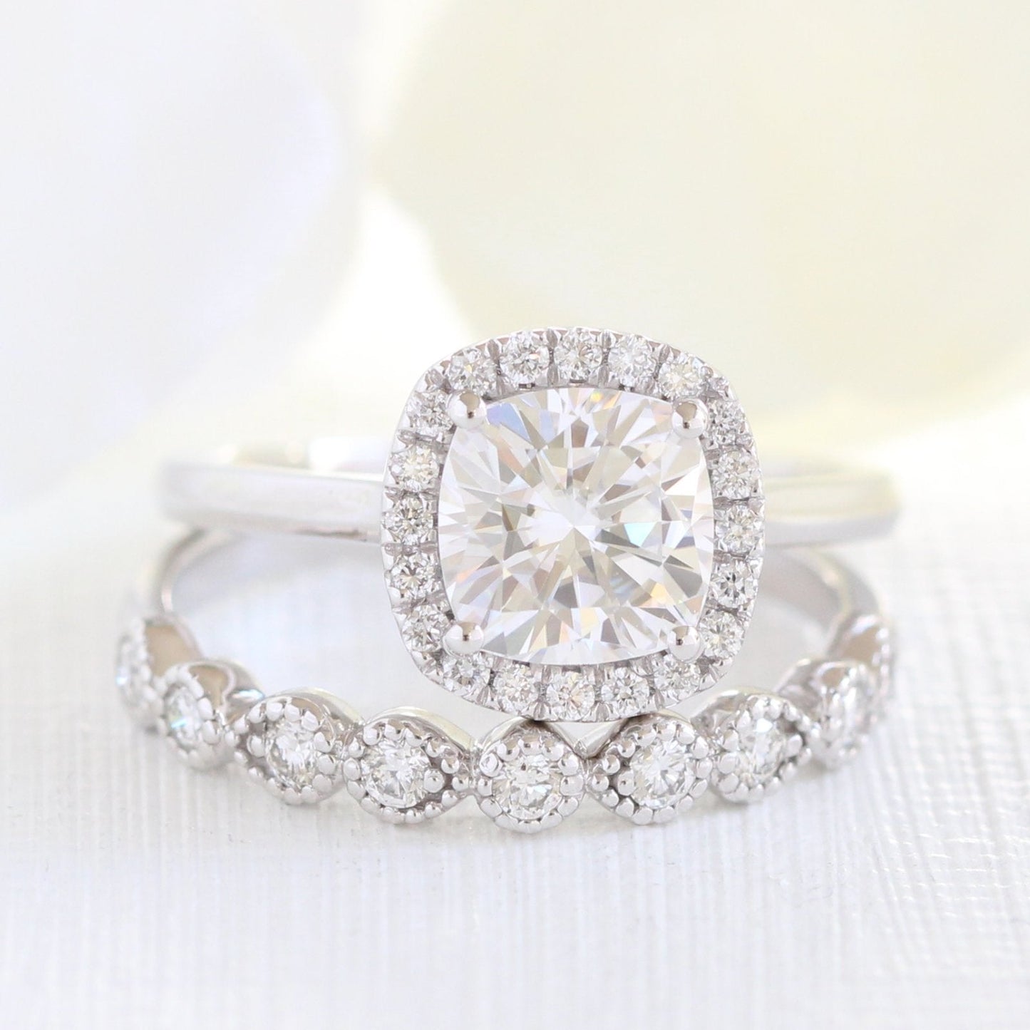 Solitaire Cushion Cut Moissanite Ring With Milgrain Band Ring