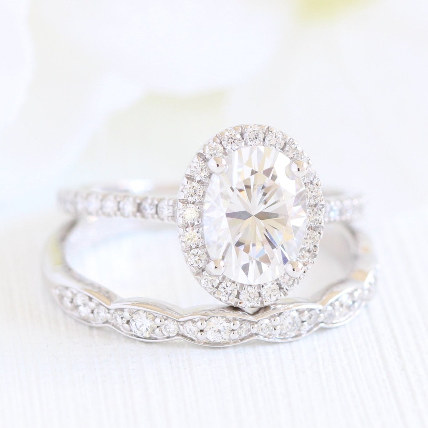 Oval Halo Pave Moissanite Ring With Scalloped Diamond Band