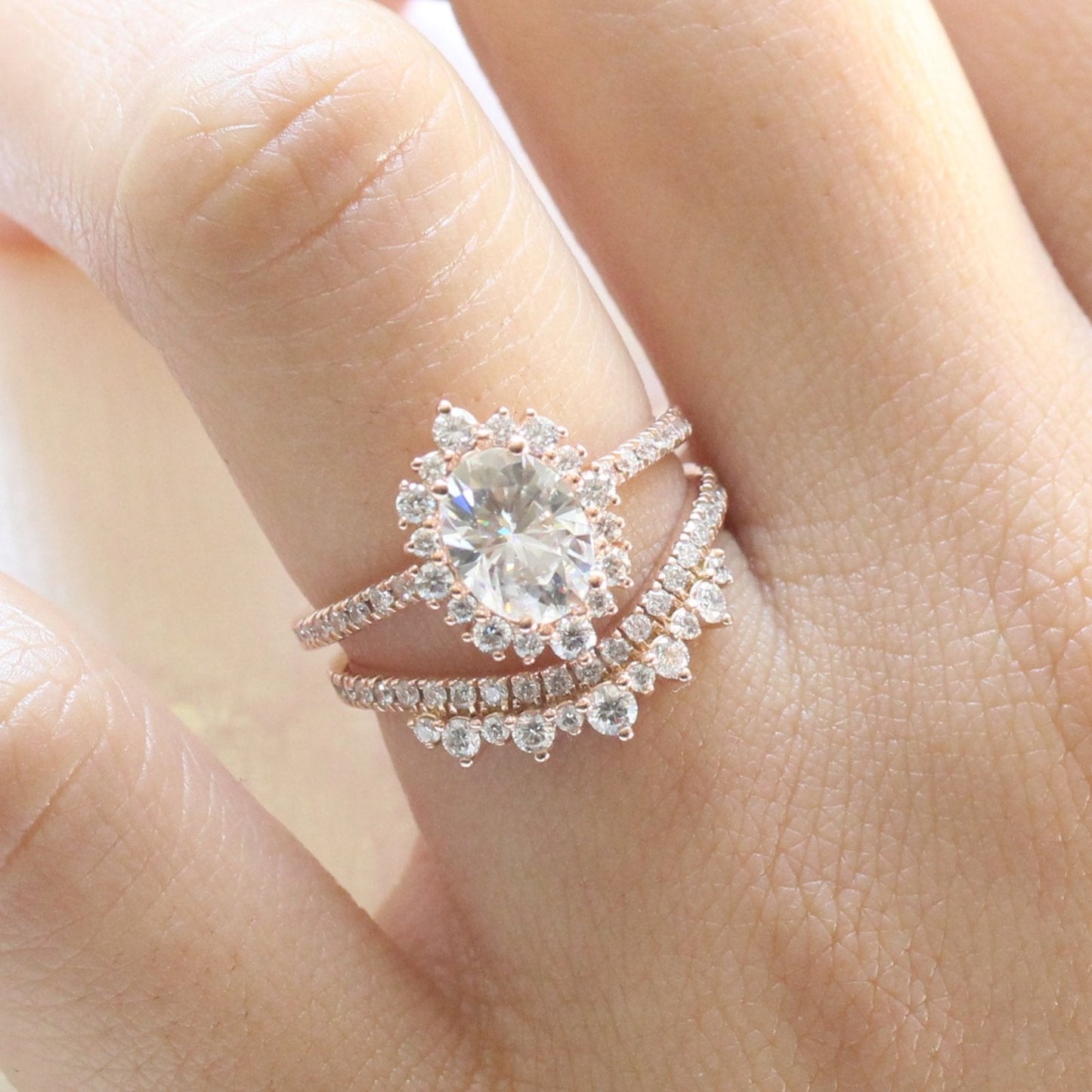 Oval moissanite with crown bridal set 14k in rose gold