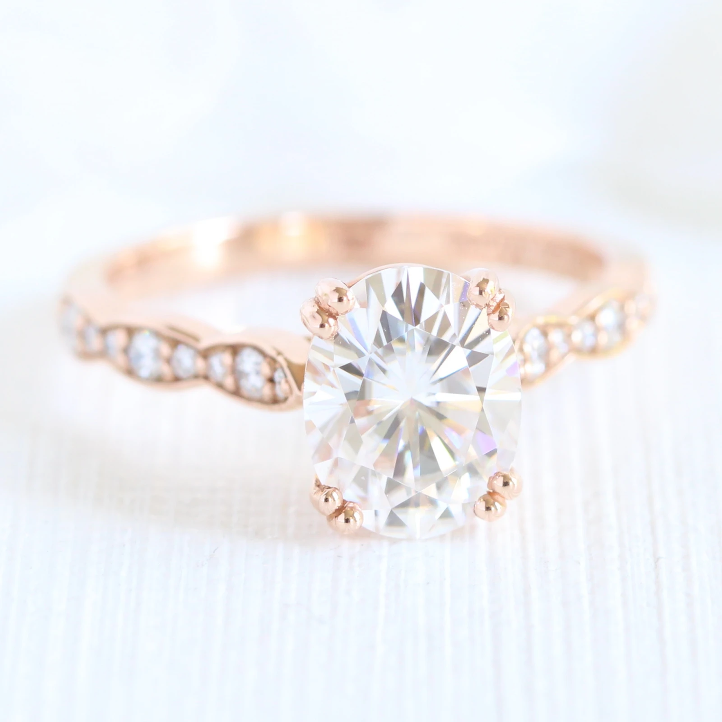 Oval Cut Moissanite Ring With Leaf Diamond Band