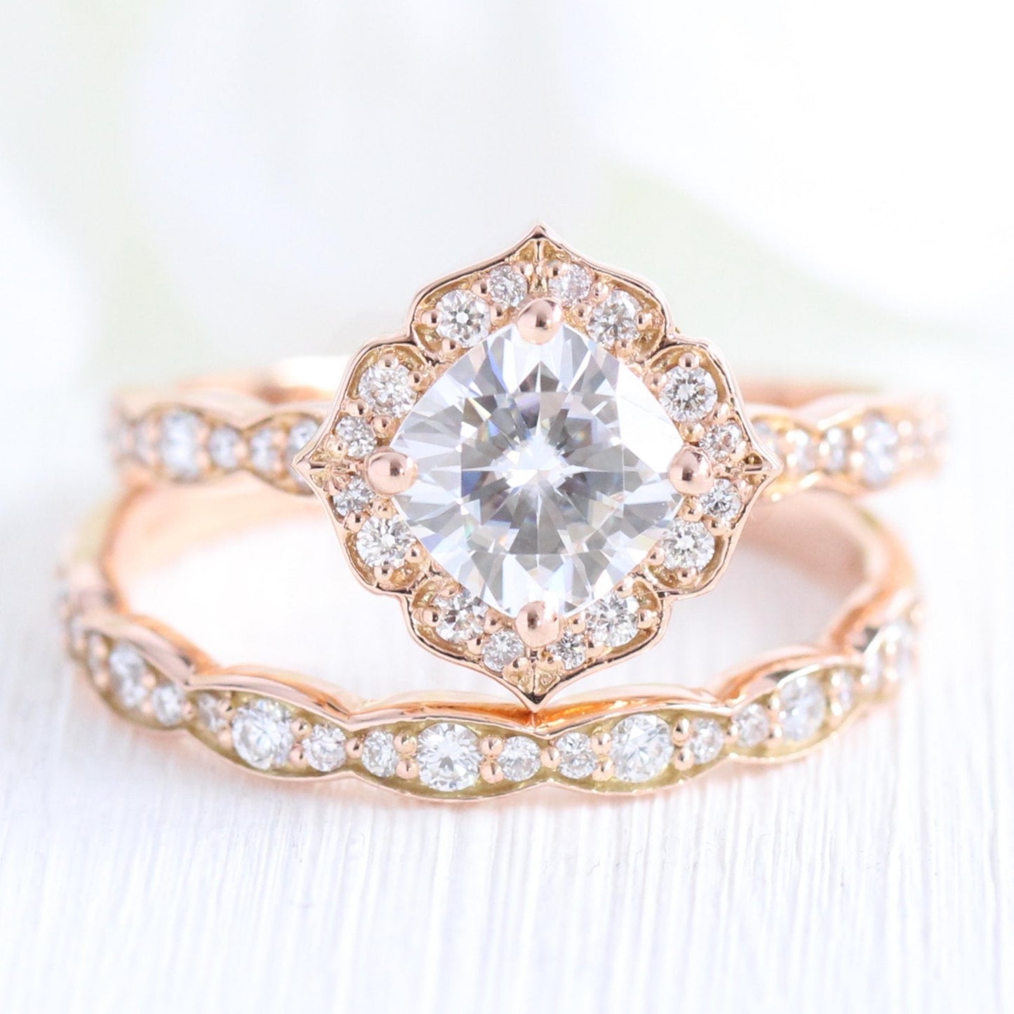 Cushion Cut Moissanite Ring With Diamond Band