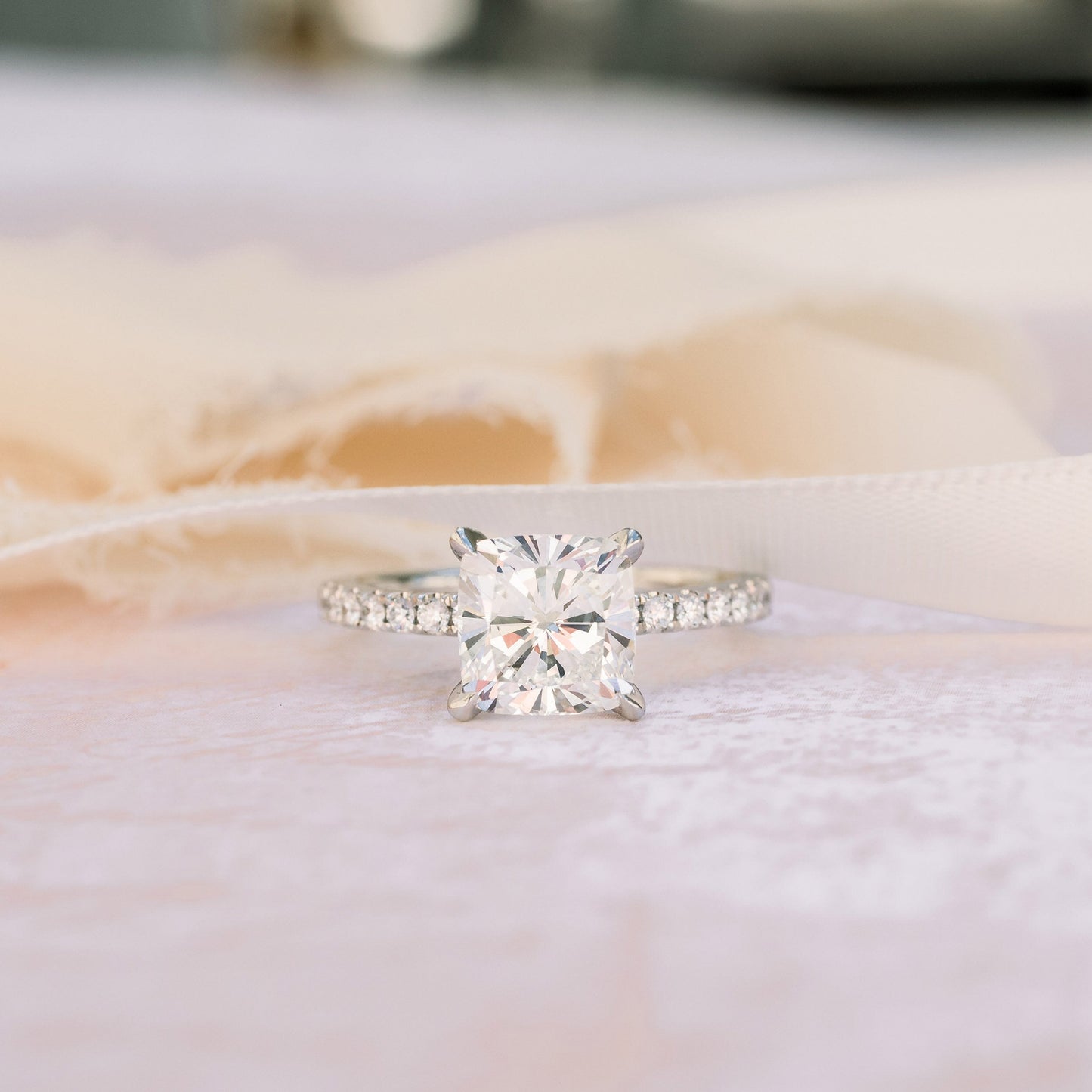 1.75CT Cushion Cut Moissanite Cathedral Pave Diamond Engagement Ring