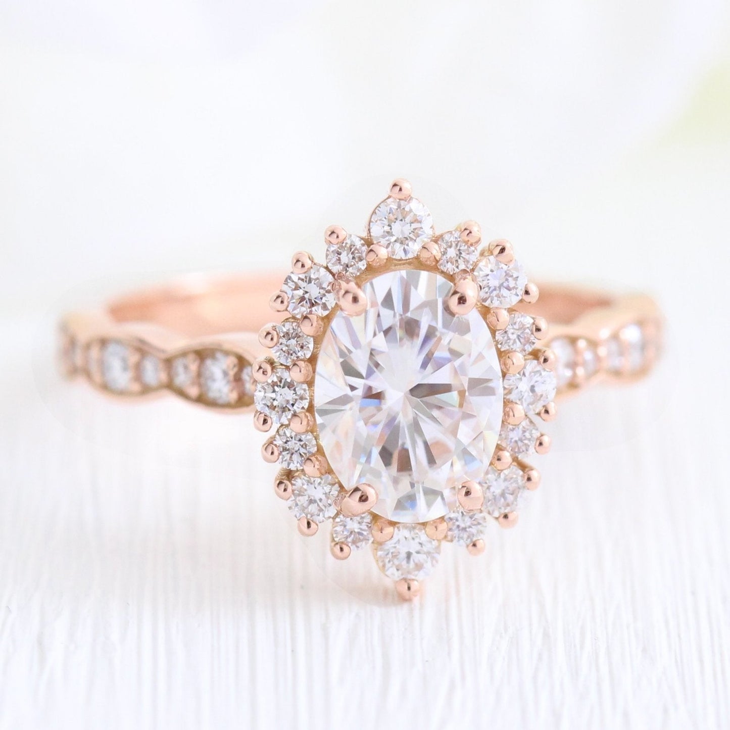 Tiara Halo Scalloped Bridal Set With Moissanite Diamond Band