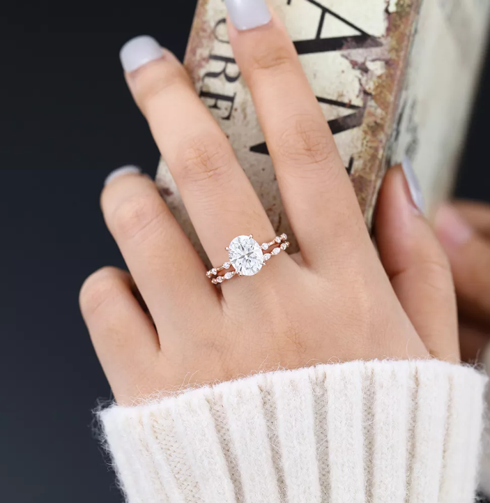 3.0 CT Oval Moissanite Dainty Pave Bridal Ring Set