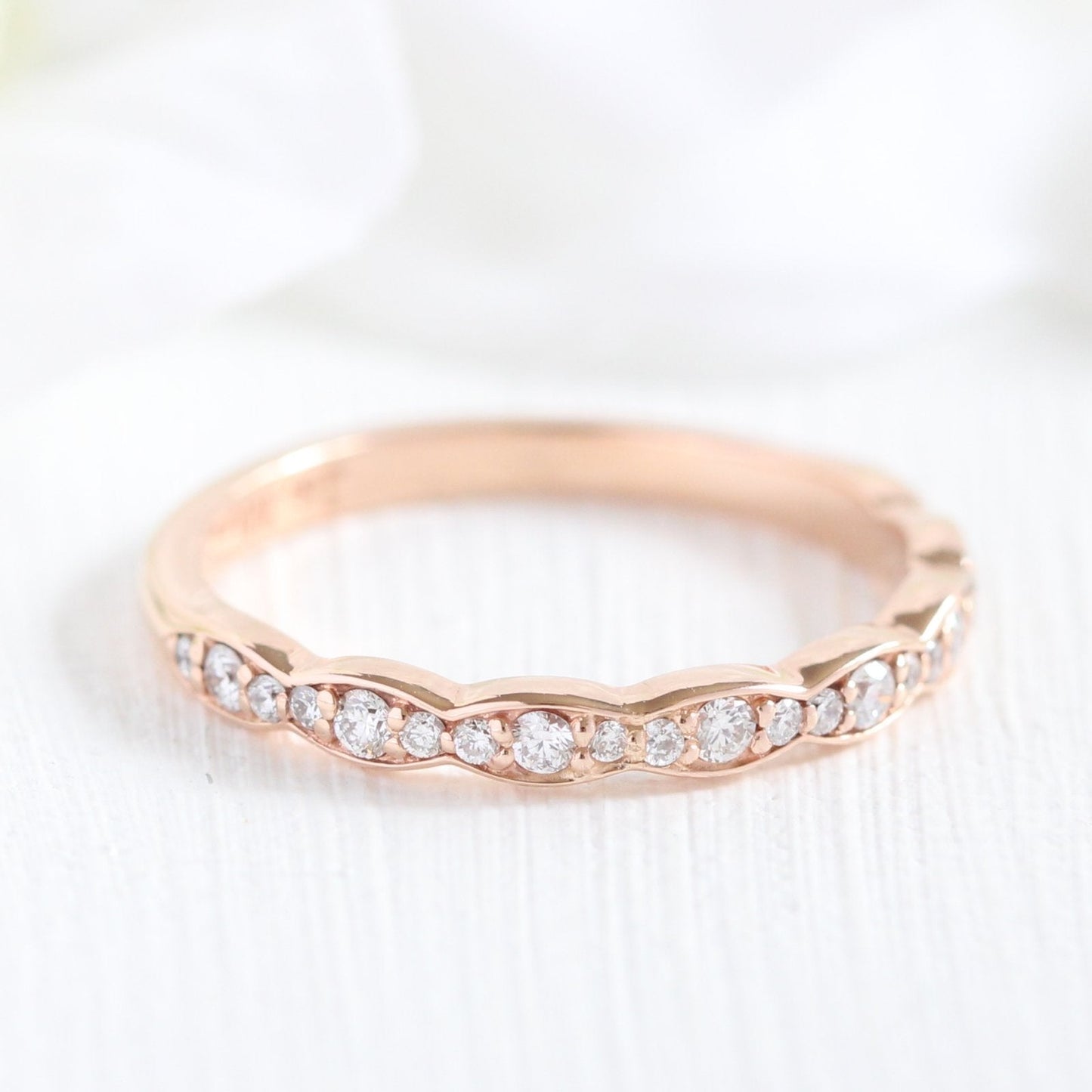 Cushion Halo Pave Moissanite Ring With Scalloped Diamond Band
