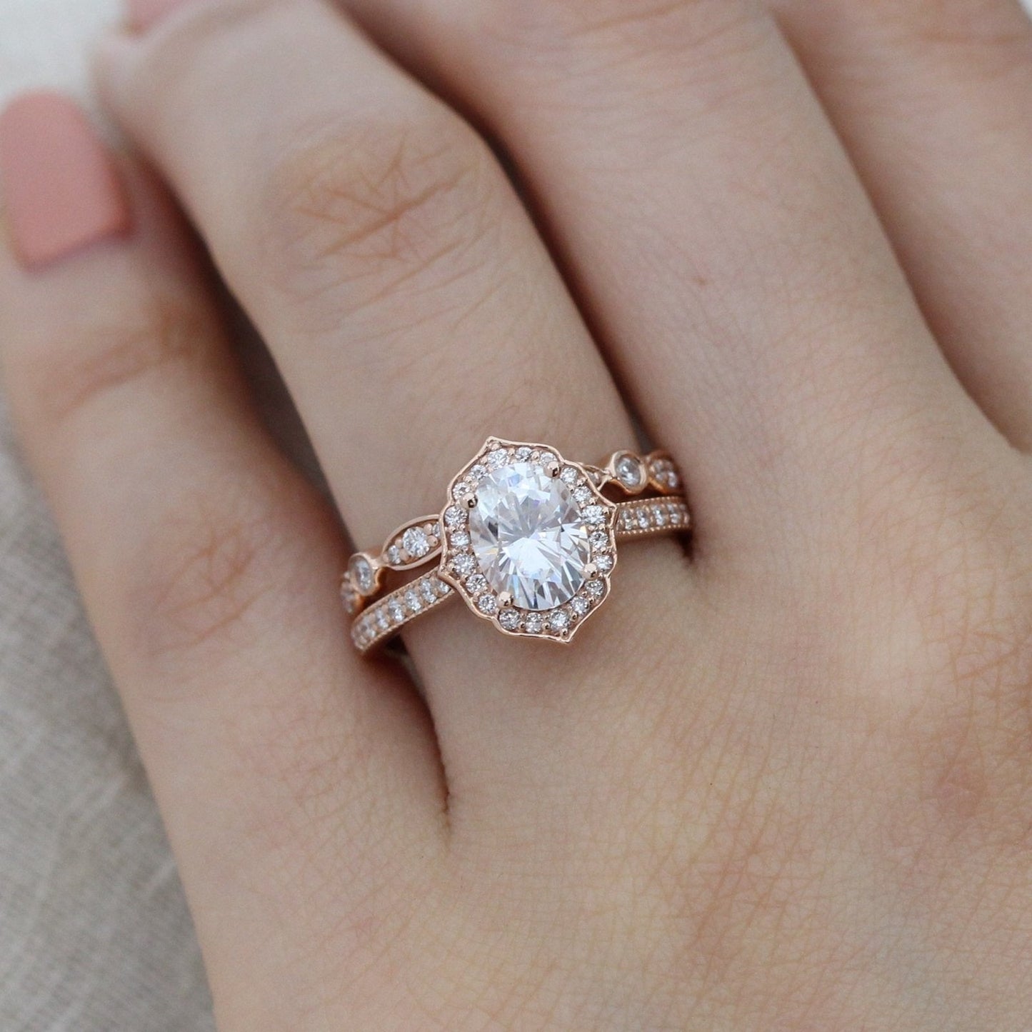 Oval Cut Floral Moissanite Ring With Bezel Diamond Band Ring