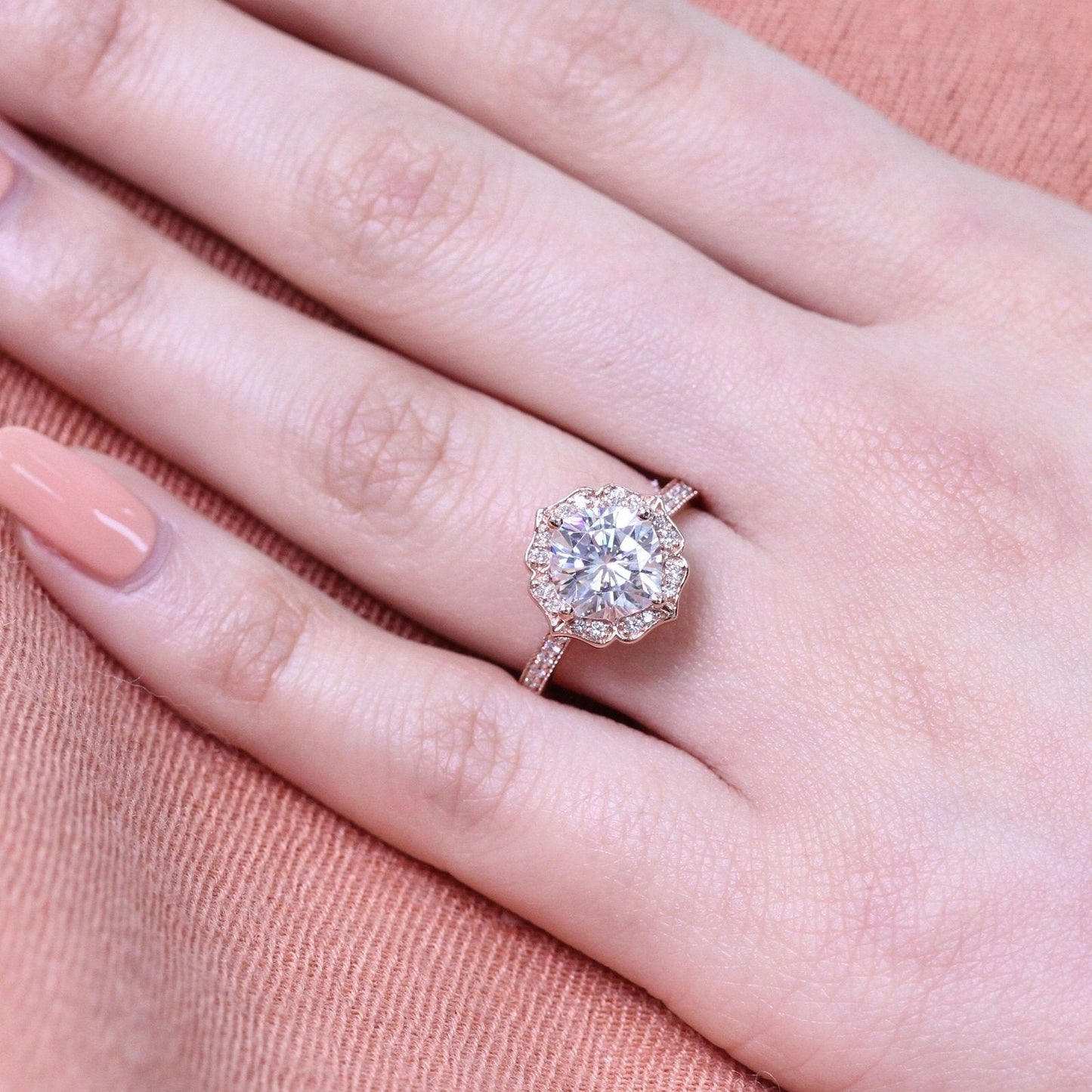 Vintage Floral Inspired Cushion Moissanite Ring With Milgrain Diamond Band