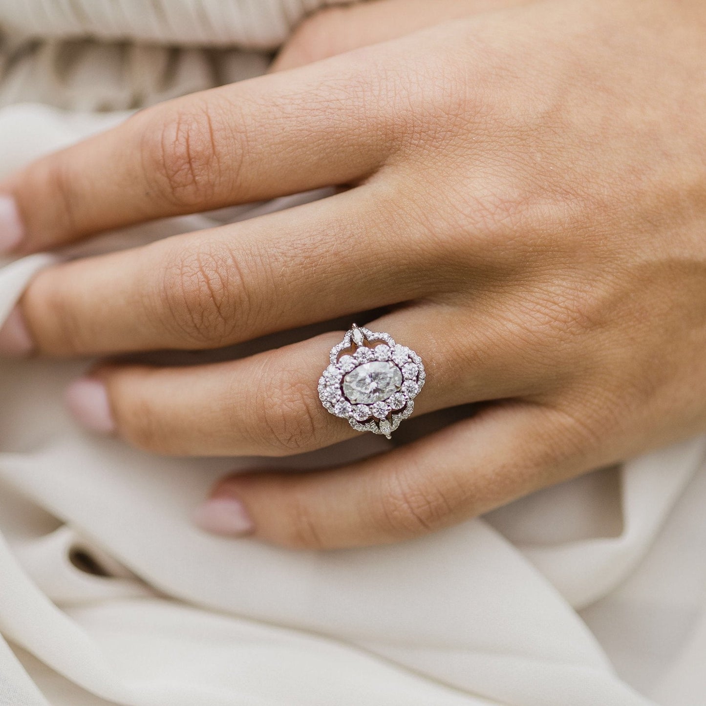 1.85 CT- 3.85 CT Oval Art Deco Halo Moissanite Engagement Ring
