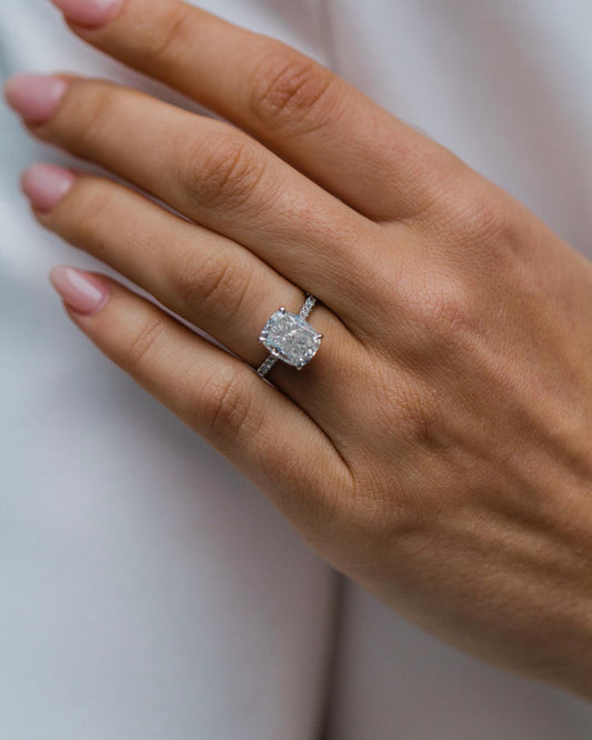 3.20 CT Cushion Solitaire Hidden Halo & Pave Moissanite Engagement Ring
