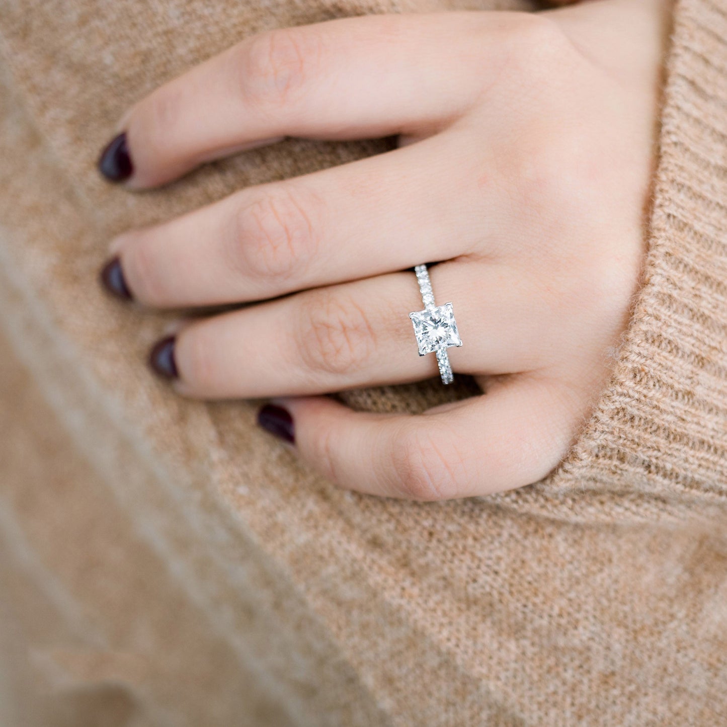 2.0CT Princess Cut Moissanite Petite Pave Diamond Engagement Ring
