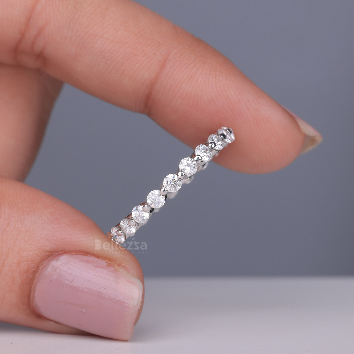 Round Brilliant Bubble Prong Moissanite Wedding Band - Ready to Ship