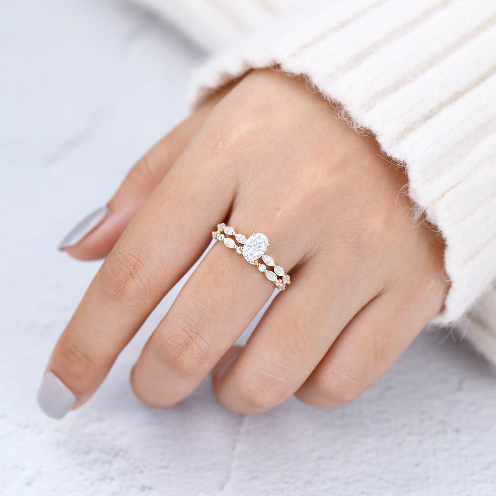 0.84 CT Oval Moissanite Pave Bridal Ring Set