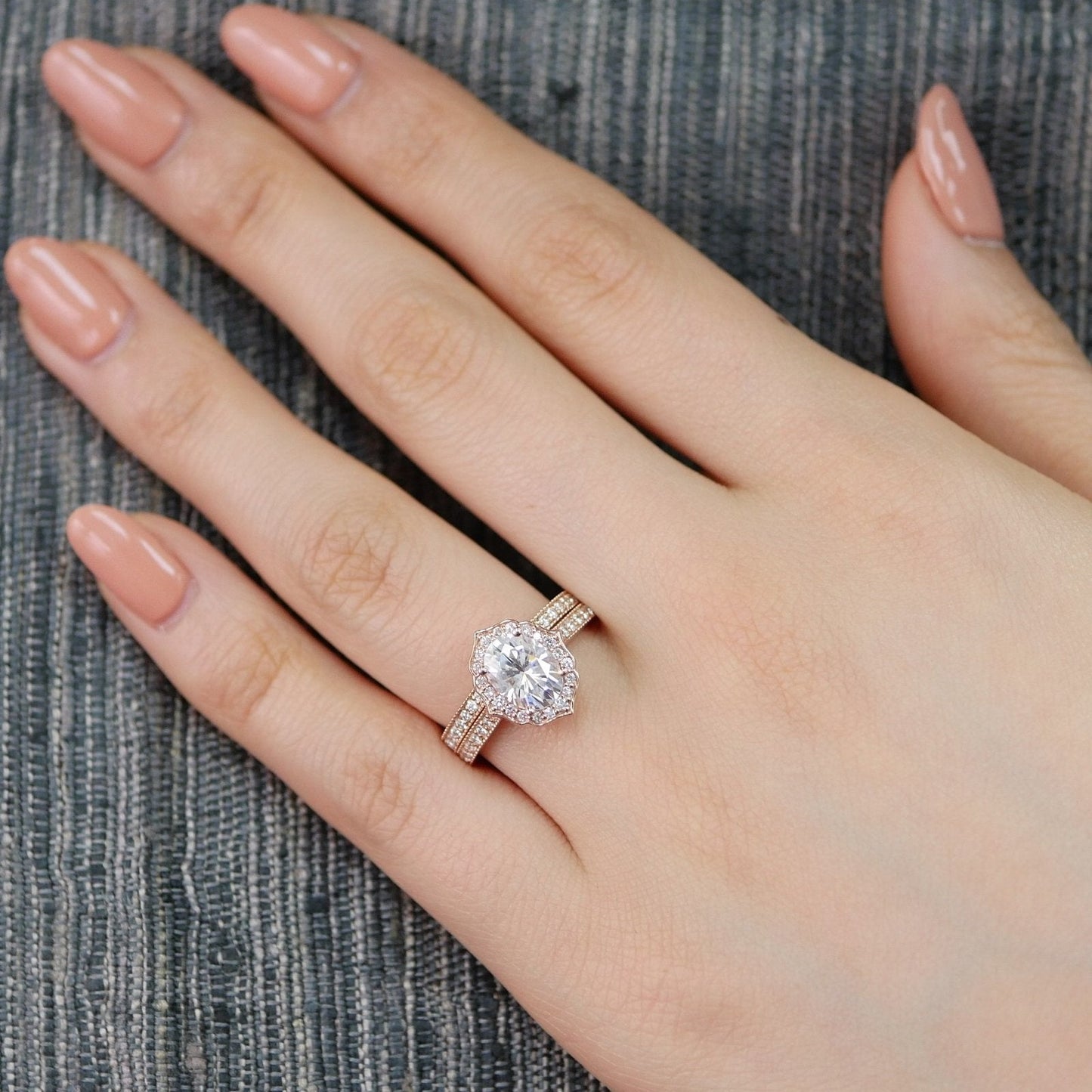 1.50ct Oval Moissanite Halo Engagement Ring Match with Channel Set Band
