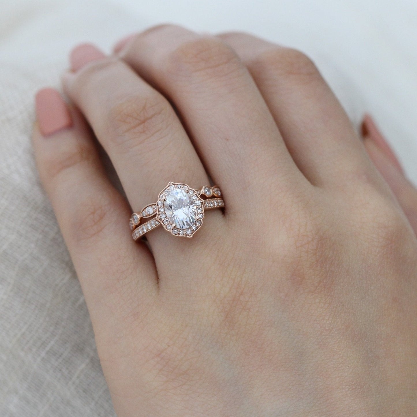 Oval Cut Floral Moissanite Ring With Bezel Diamond Band Ring