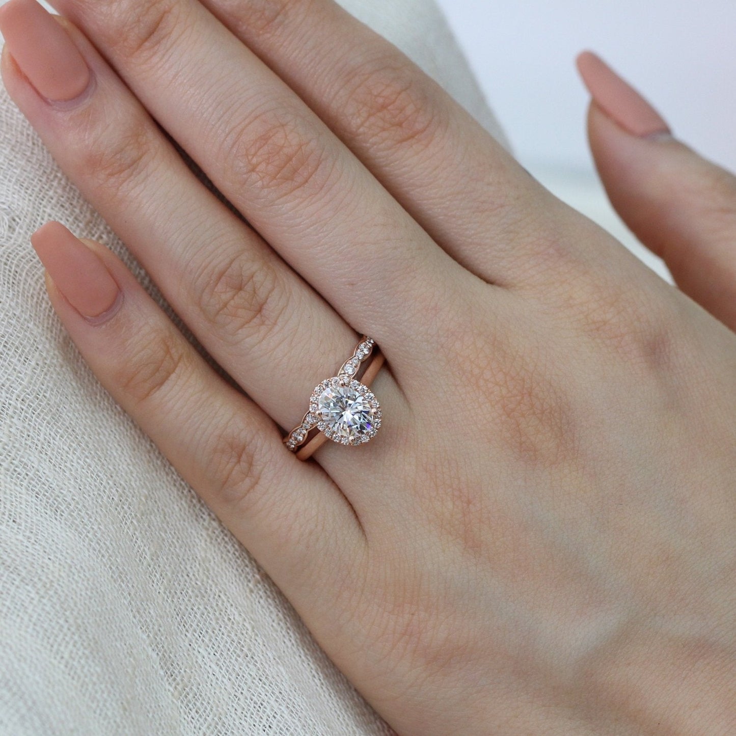 Oval Cut Halo Moissanite Ring With Scalloped Diamond Band Ring