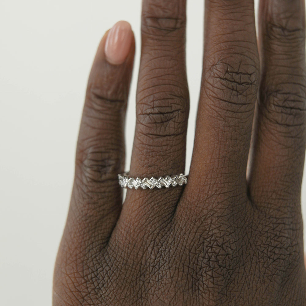 0.44ct Baguette And Round Moissanite Half Eternity Diamond Wedding Band