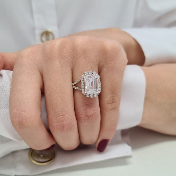 7.2CT Emerald Cut Diamond Halo Moissanite Engagement Ring