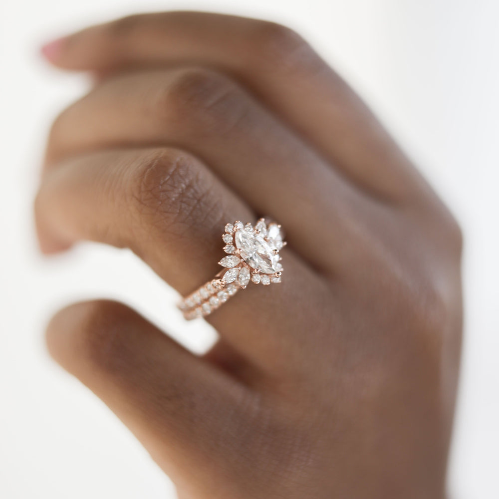 0.75CT Marquise Moissanite Cluster Diamond Wedding Ring Set
