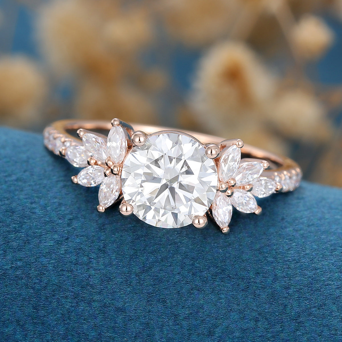 1.10 CT Round Shaped Moissanite Cluster Engagement Ring