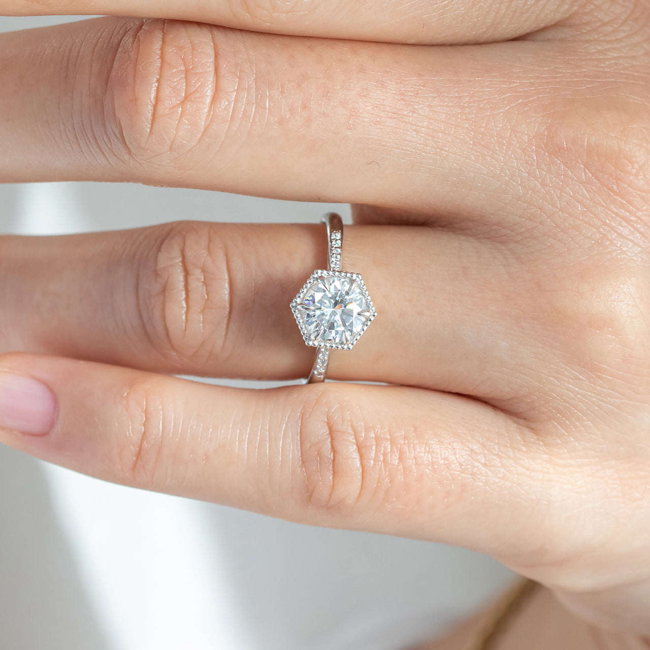 1.20 CT Round Cut Hexagon Halo Moissanite Engagement Ring