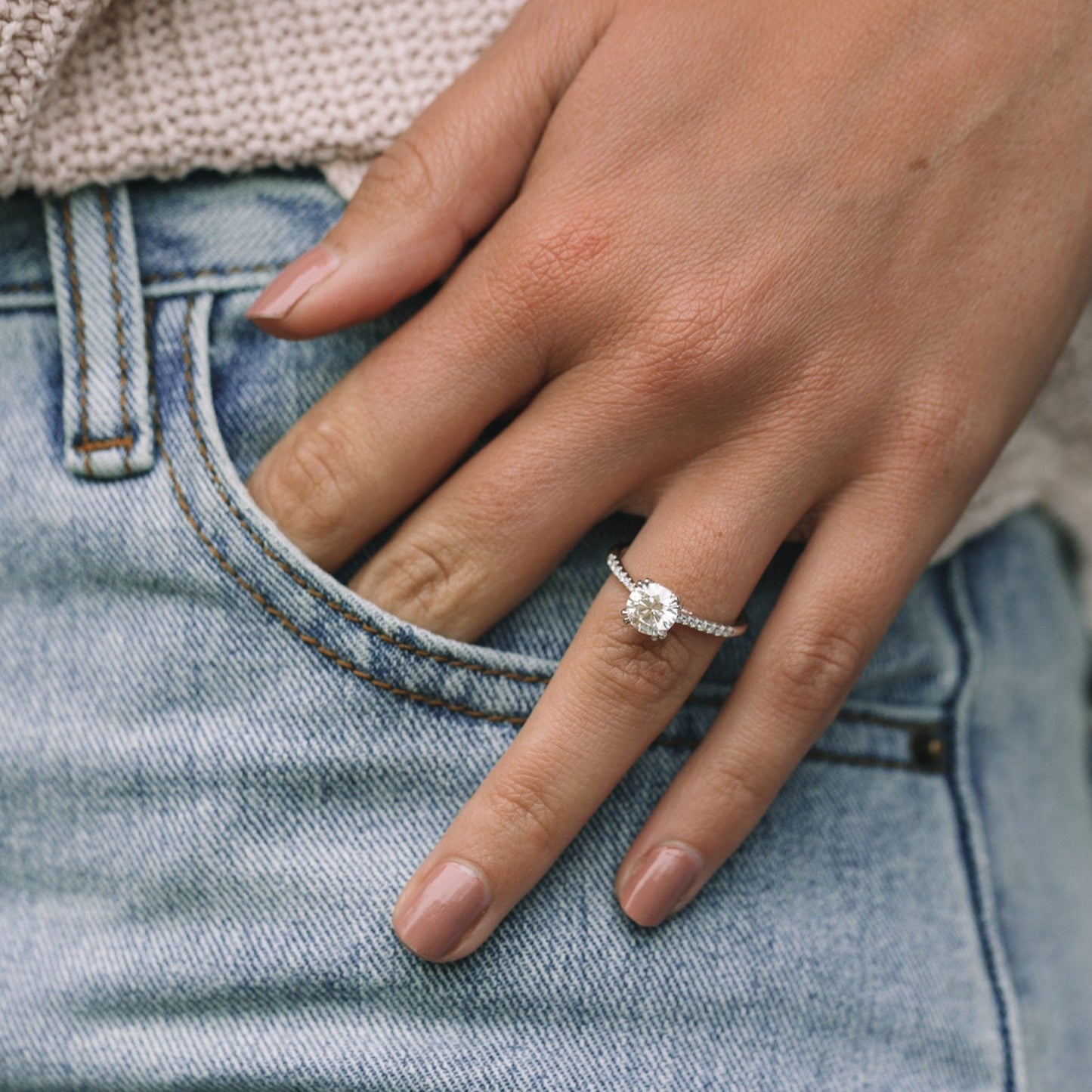1.25 ct Round cut Hidden Halo Moissanite Engagement Ring