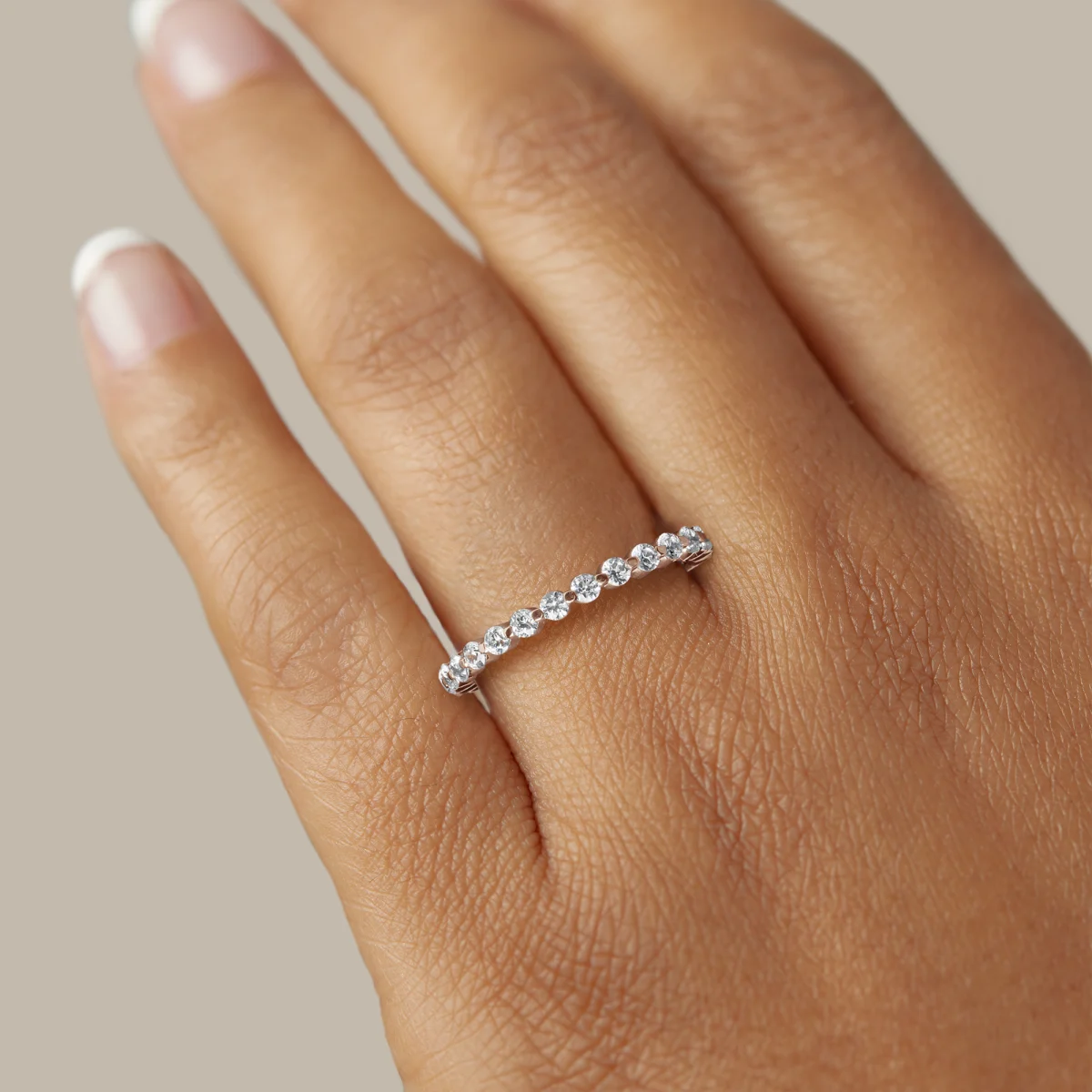Round Cut Shared Prong Semi Eternity Wedding Band For Women