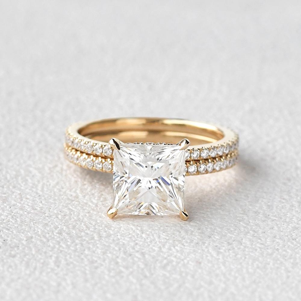 2.0CT Princess Cut Moissanite Hidden Halo Engagement Ring with Full Eternity Wedding Band