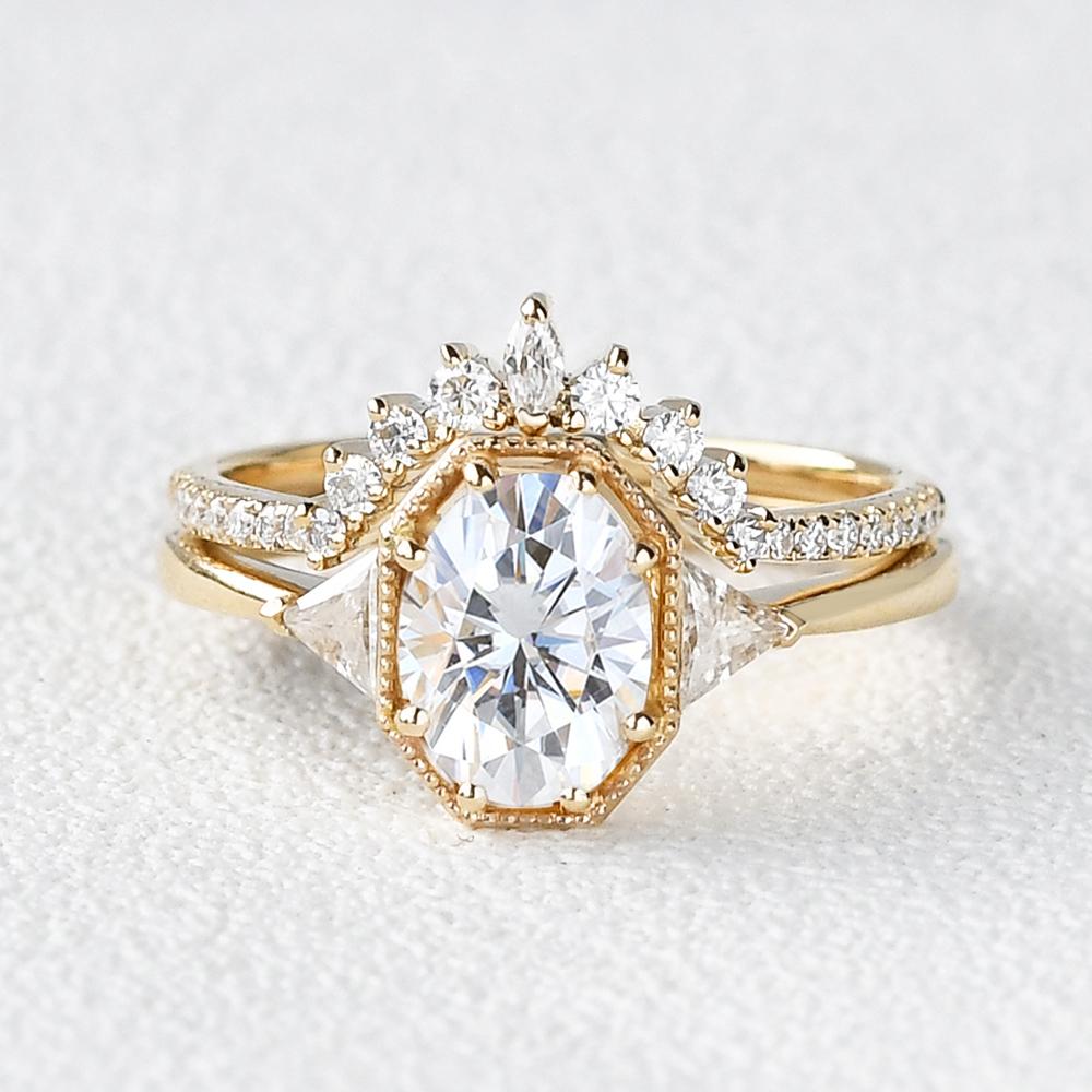 1.21CT Oval Moissanite 3 Stone Engagement Ring with Curved Stacking Band