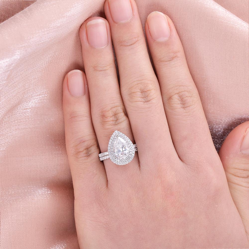 1.86CT Pear Cut Moissanite Double Halo Engagement Ring with Full Eternity Wedding Band
