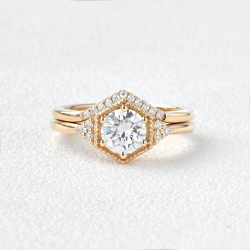 1.0CT Round Brilliant Cut Moissanite Hexagon Shape Bridal Engagement Ring Set