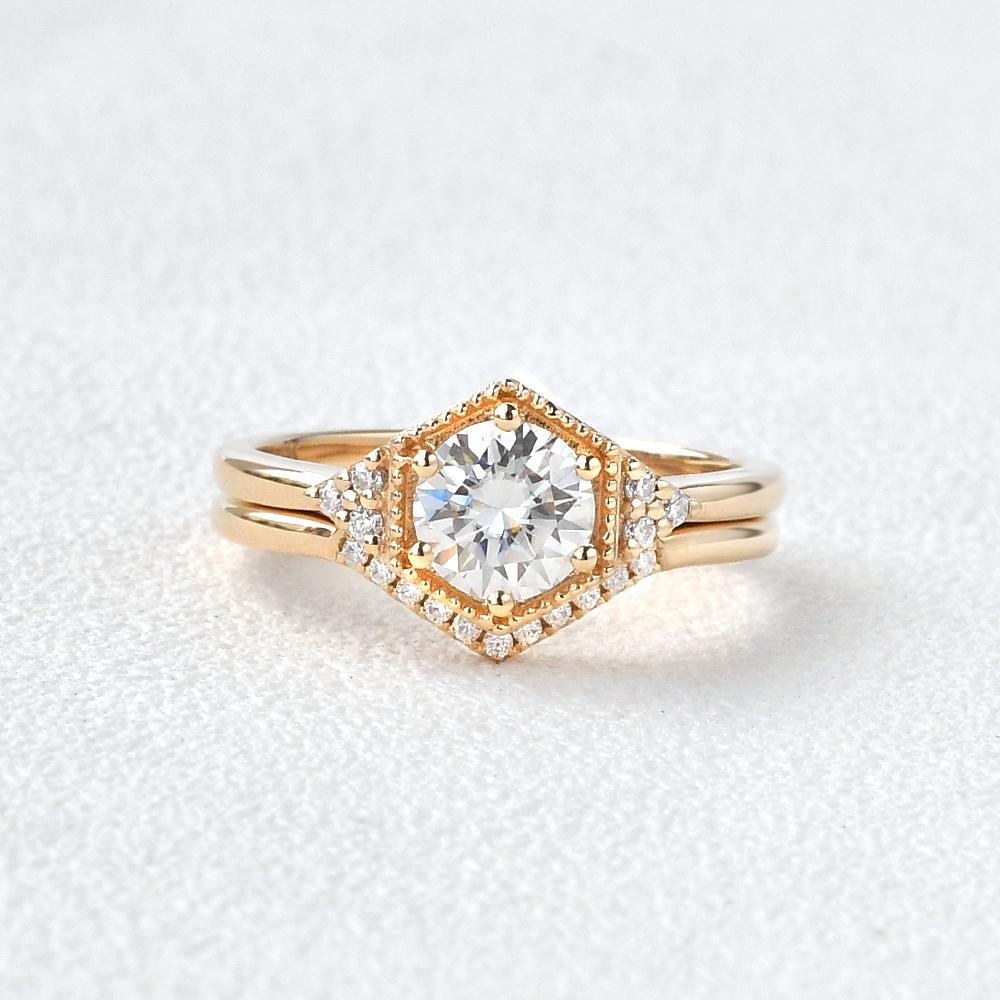 1.0CT Round Brilliant Cut Moissanite Hexagon Shape Bridal Engagement Ring Set