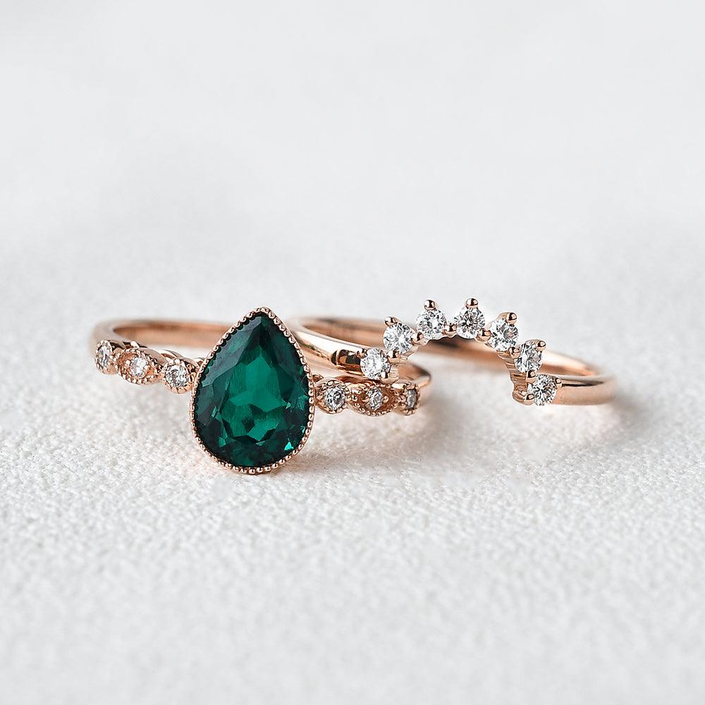 1.93ct Pear Emerald Migraine Vintage Signature Bridal Ring Set For Her