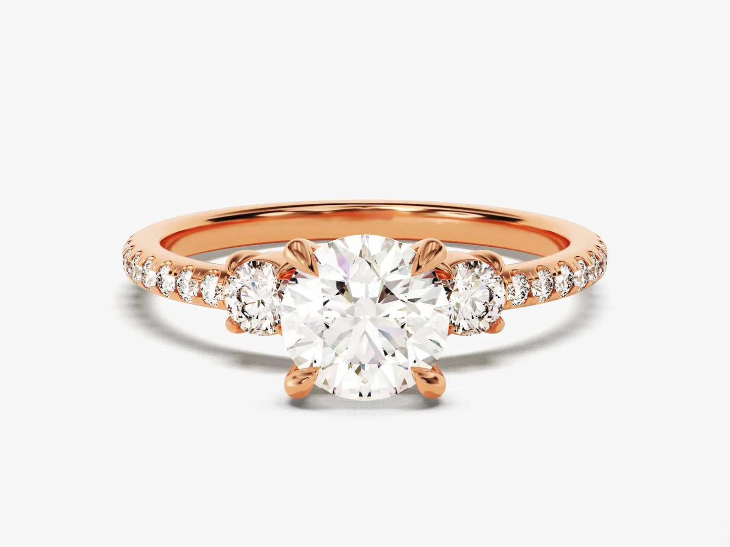 1.0CT Round Cut Diamond Three Stone Pave Setting Moissanite Engagement Ring