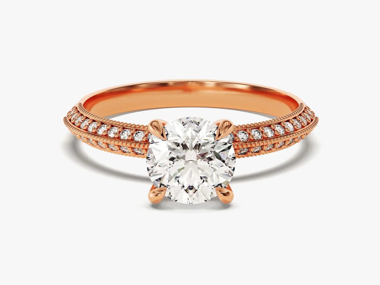 1.0 CT Round Cut Knife Edge Milgrain Pave Set Moissanite Engagement Ring