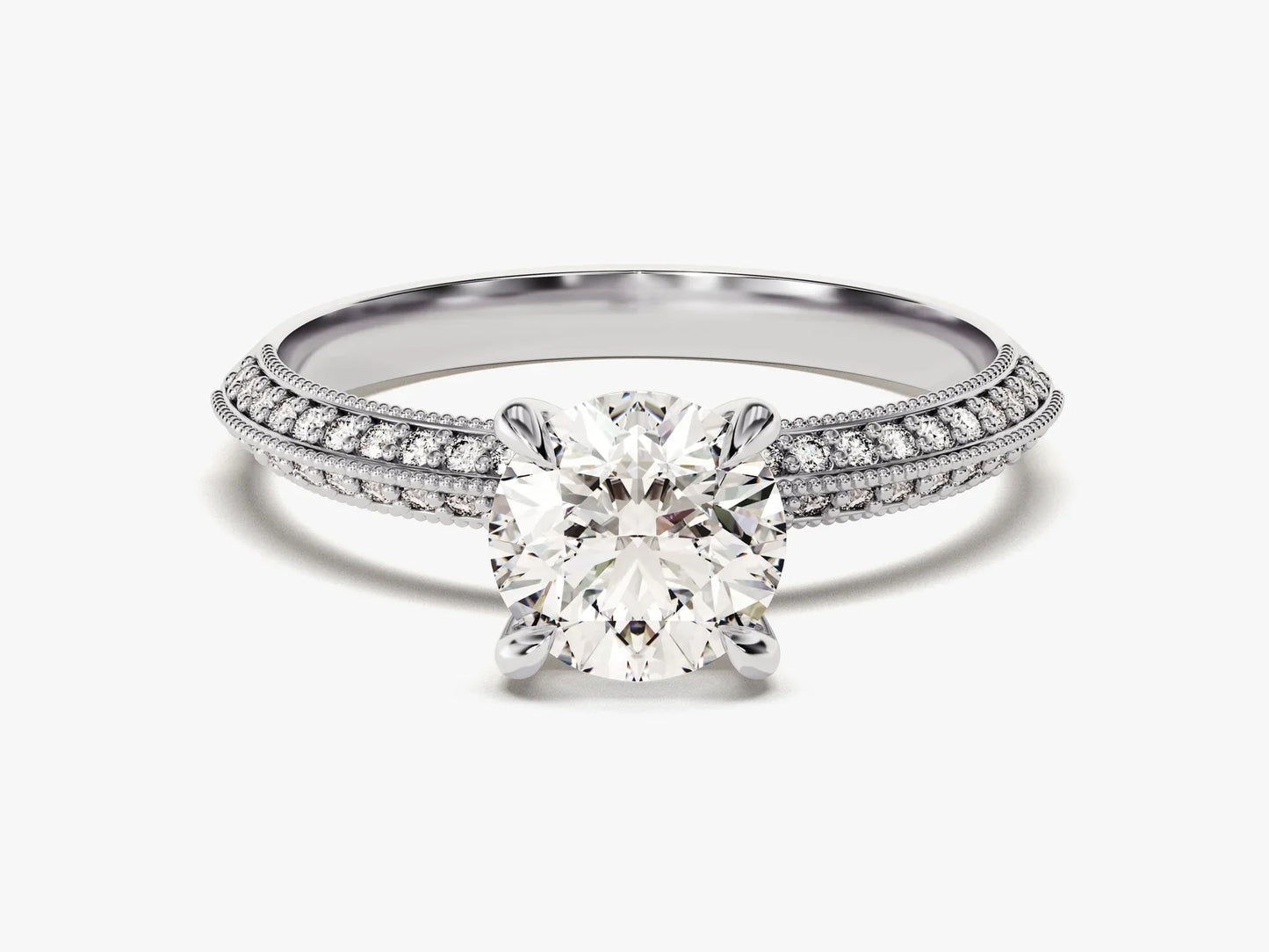 1.0 CT Round Cut Knife Edge Milgrain Pave Set Moissanite Engagement Ring