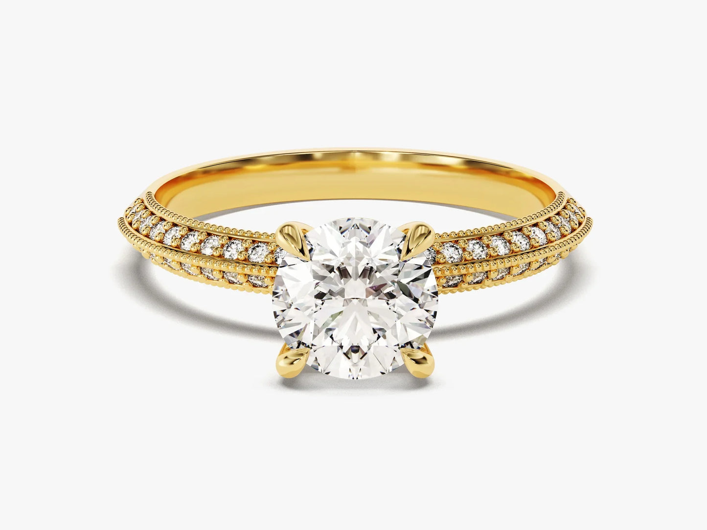 1.0 CT Round Cut Knife Edge Milgrain Pave Set Moissanite Engagement Ring
