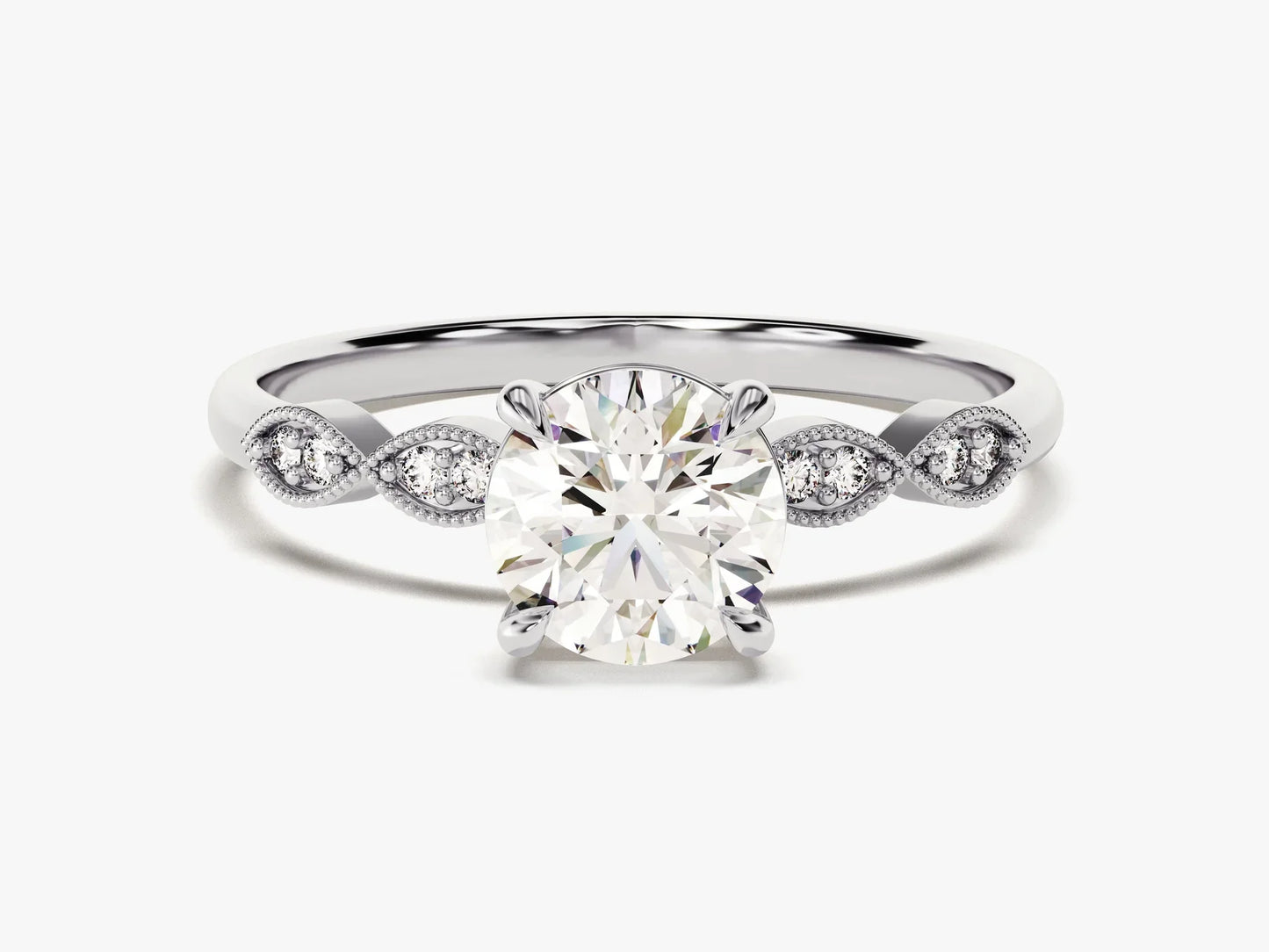 1.0 CT Round Diamond Milgrain Pave Setting Moissanite Engagement Ring