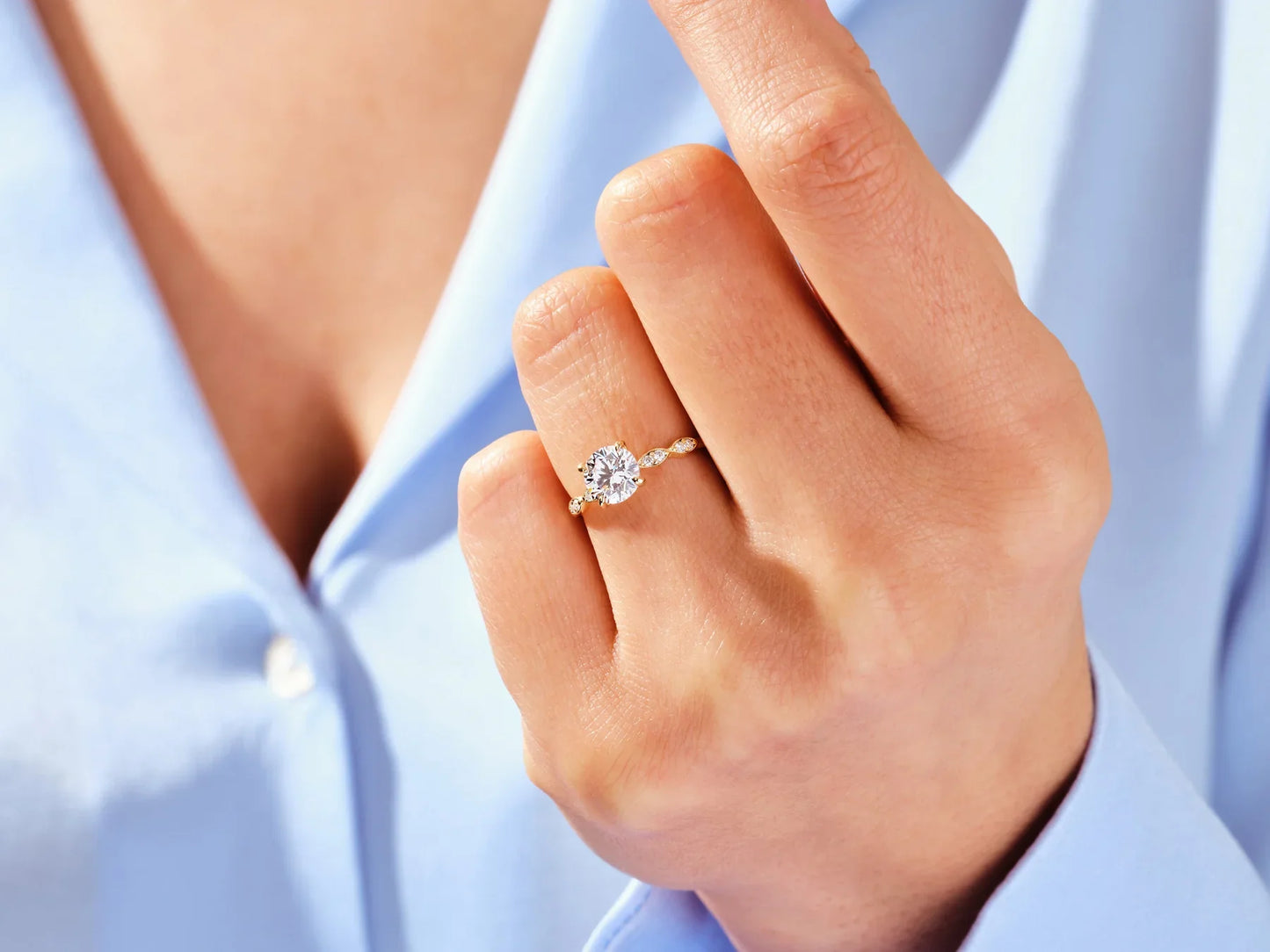 1.0 CT Round Diamond Milgrain Pave Setting Moissanite Engagement Ring