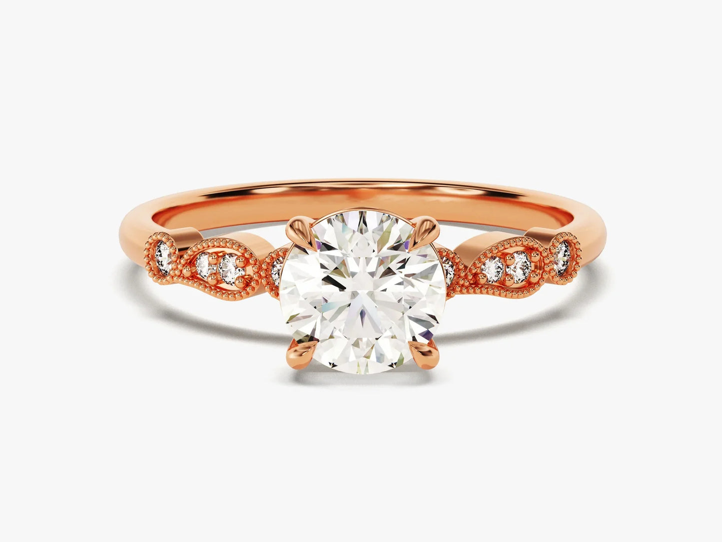 1.0CT Round Brilliant Diamond Milgrain Pave Setting Moissanite Engagement Ring